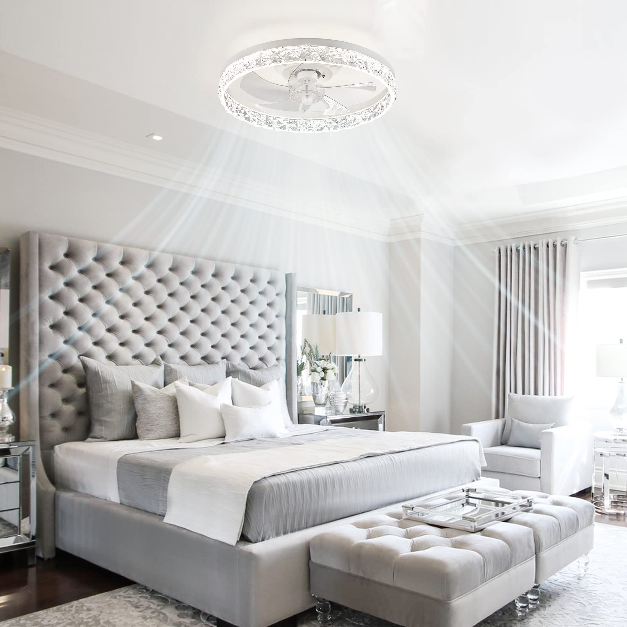 LEDIARY 20" Modern Ceiling Fans with Lights and Remote, Dimmable Low Profile Ceiling Fan, Flush Mount Ceiling Fan, Stepless Color Temperature Change and 6 Speeds - White