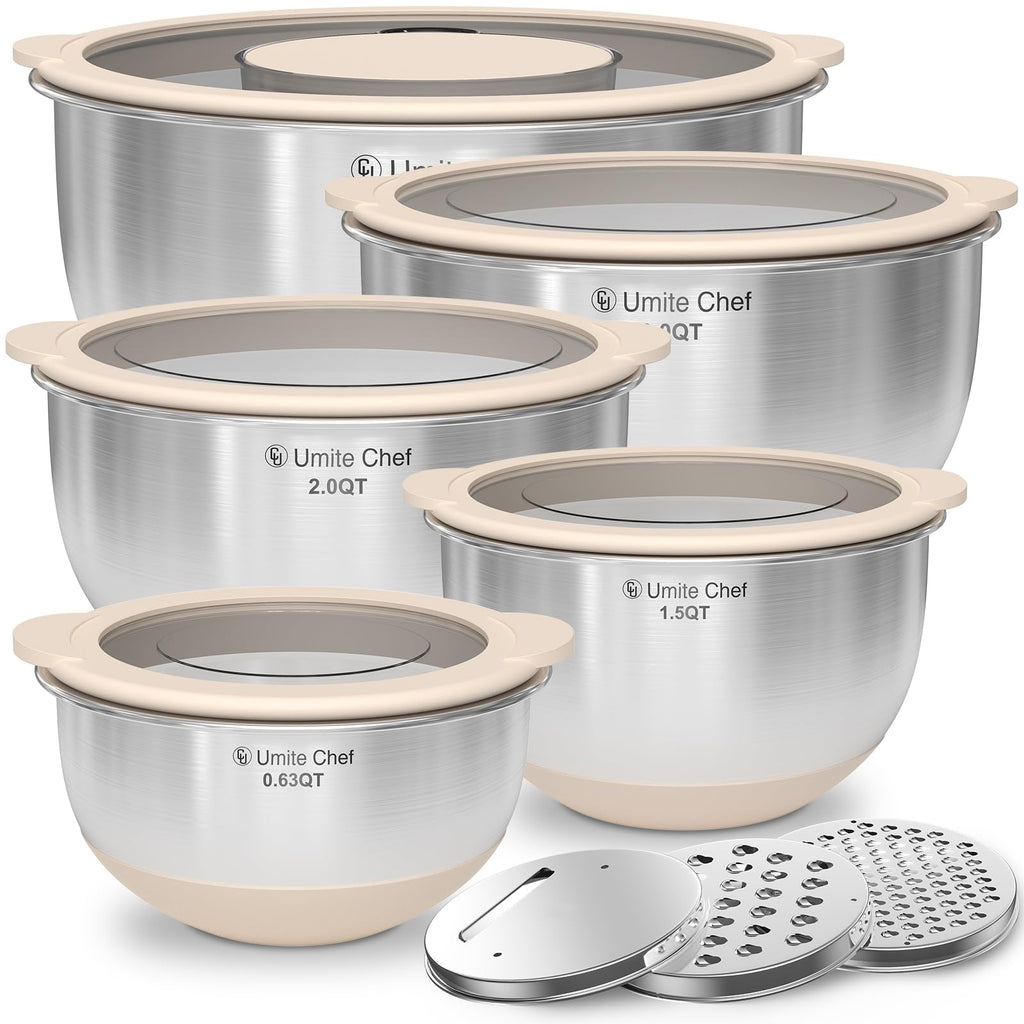 Mixing Bowles Set with Lids Set - Warp-Proof TPR-AS Lids, Stainless Steel Mixing Bowl with 3 Graters & Measuring Lines, Non-Slip Bowls for Baking, Prep, Airtight Food Storage (Khaki 5/3/2/1.5/0.63QT)