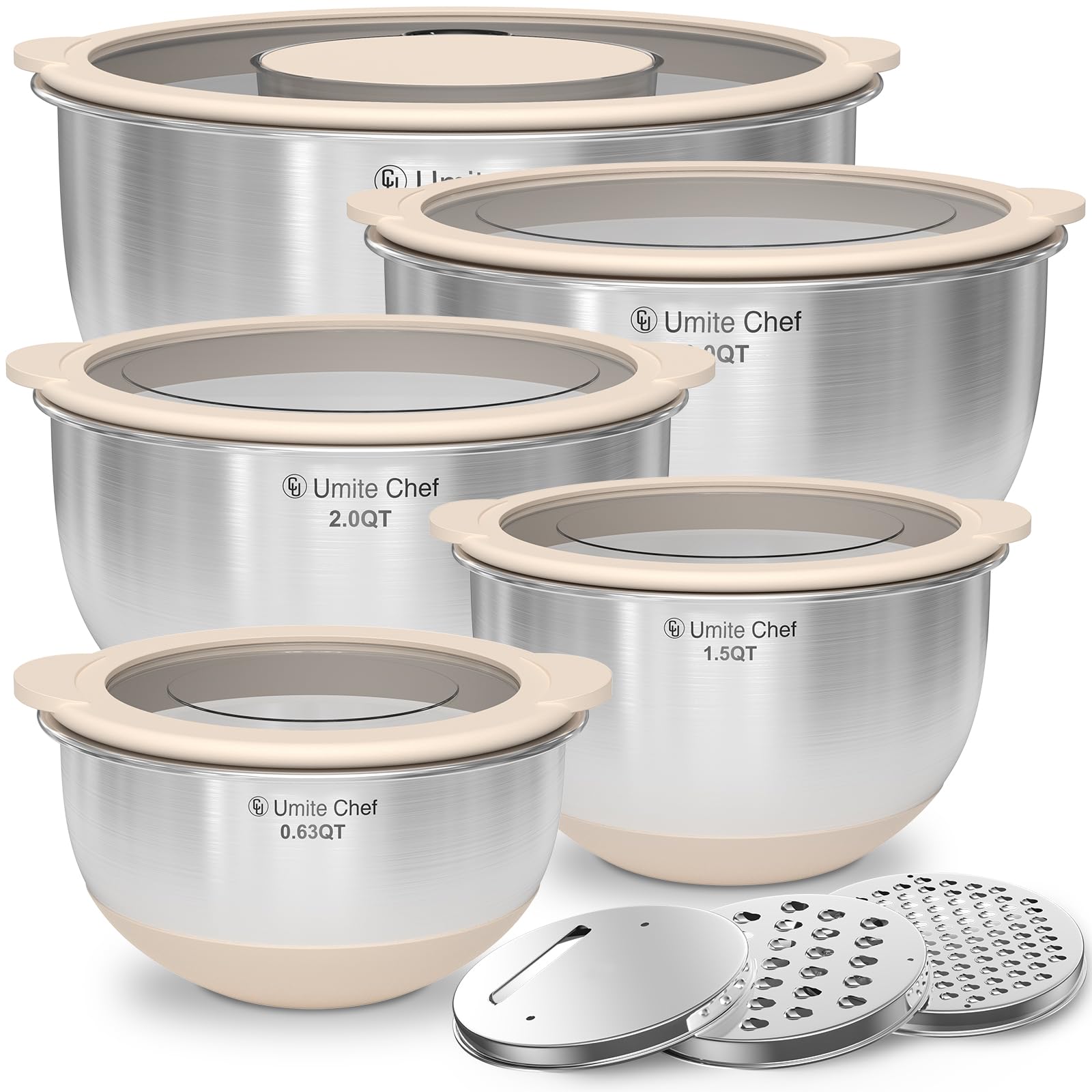 Mixing Bowles Set with Lids Set - Warp-Proof TPR-AS Lids, Stainless Steel Mixing Bowl with 3 Graters & Measuring Lines, Non-Slip Bowls for Baking, Prep, Airtight Food Storage (Khaki 5/3/2/1.5/0.63QT)