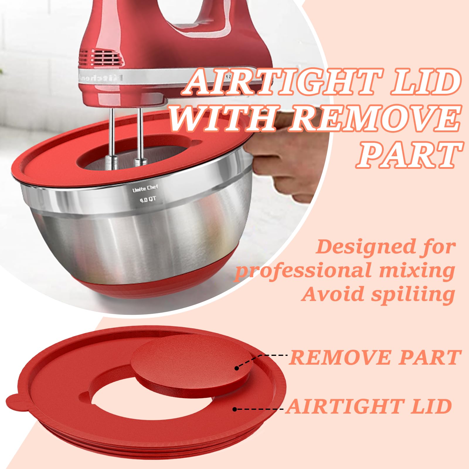 Umite Chef Mixing Bowls with Airtight Lids Set, 8PCS Stainless Steel Nesting Bowls Set, 3 Grater Attachments & Non-Slip Bottoms, Size 5, 4, 3.5, 2, 1.5QT for Baking & Mixing(Colorful)