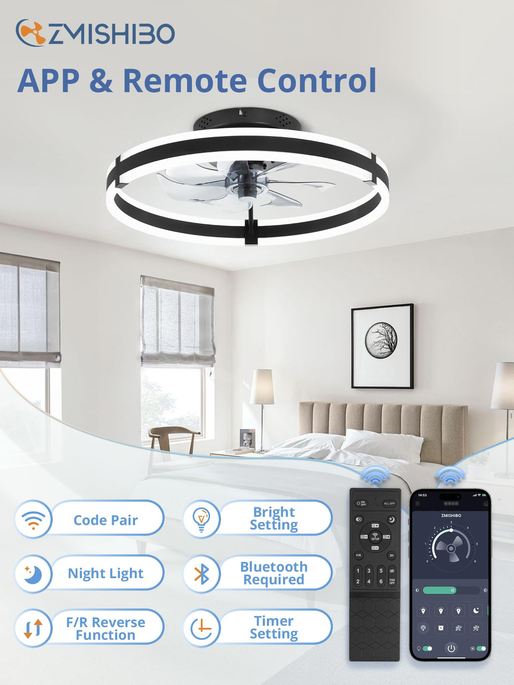 ZMISHIBO Ceiling Fans with Lights and Remote, 19.7'' Low Profile Ceiling Fan, 3000-6000K Dimmable Modern Flush Mount LED Fan Light, 6 Wind Speeds, Black Fandelier Ceiling Fans for Bedroom