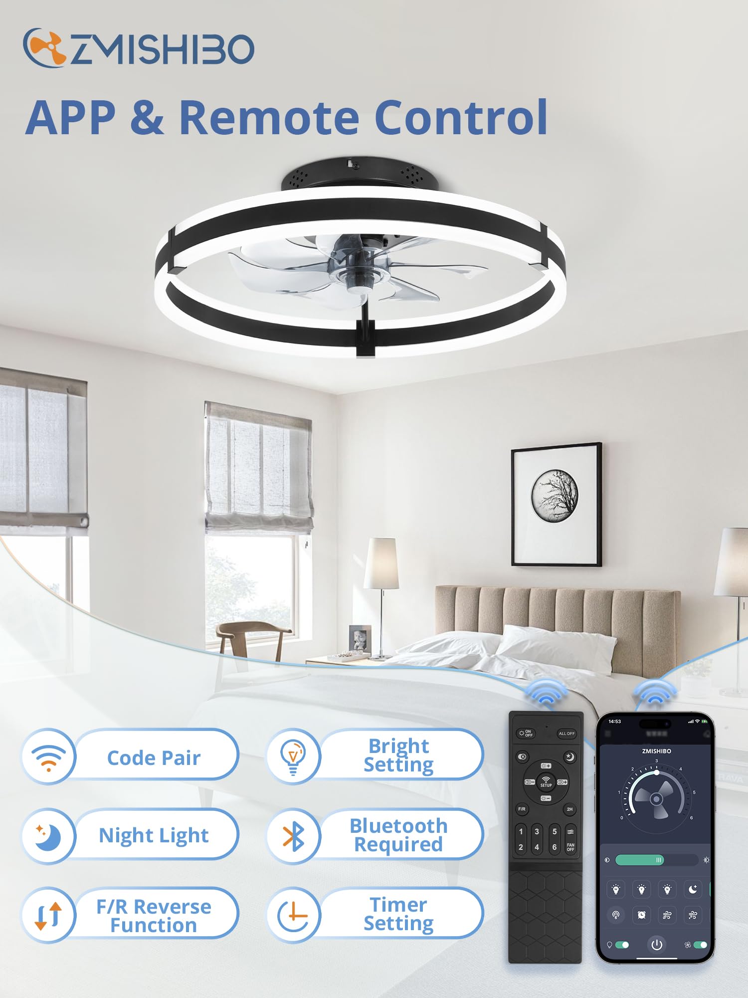 ZMISHIBO Ceiling Fans with Lights and Remote, 19.7'' Low Profile Ceiling Fan, 3000-6000K Dimmable Modern Flush Mount LED Fan Light, 6 Wind Speeds, Black Fandelier Ceiling Fans for Bedroom