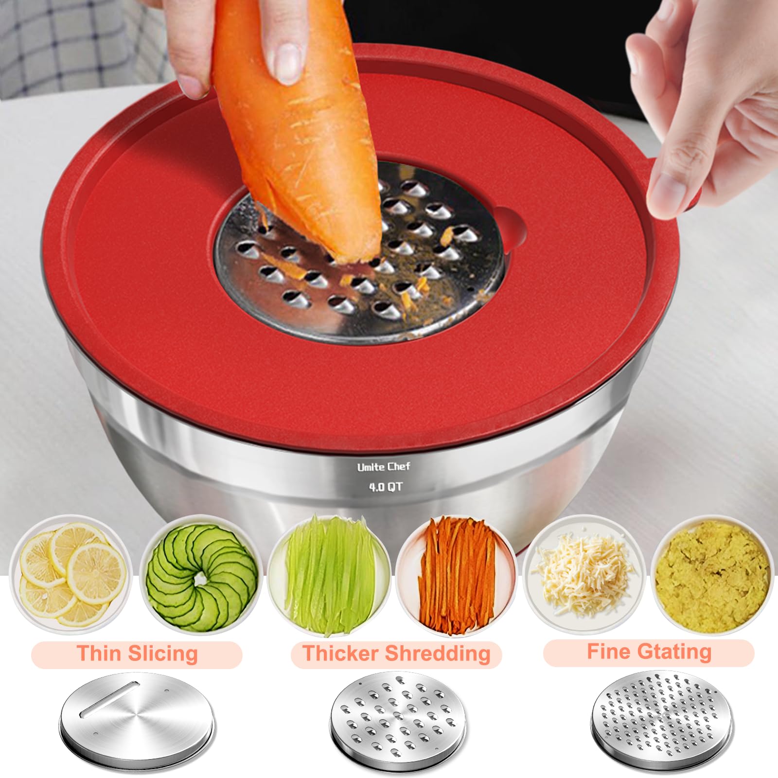 Umite Chef Mixing Bowls with Airtight Lids Set, 8PCS Stainless Steel Nesting Bowls Set, 3 Grater Attachments & Non-Slip Bottoms, Size 5, 4, 3.5, 2, 1.5QT for Baking & Mixing(Colorful)