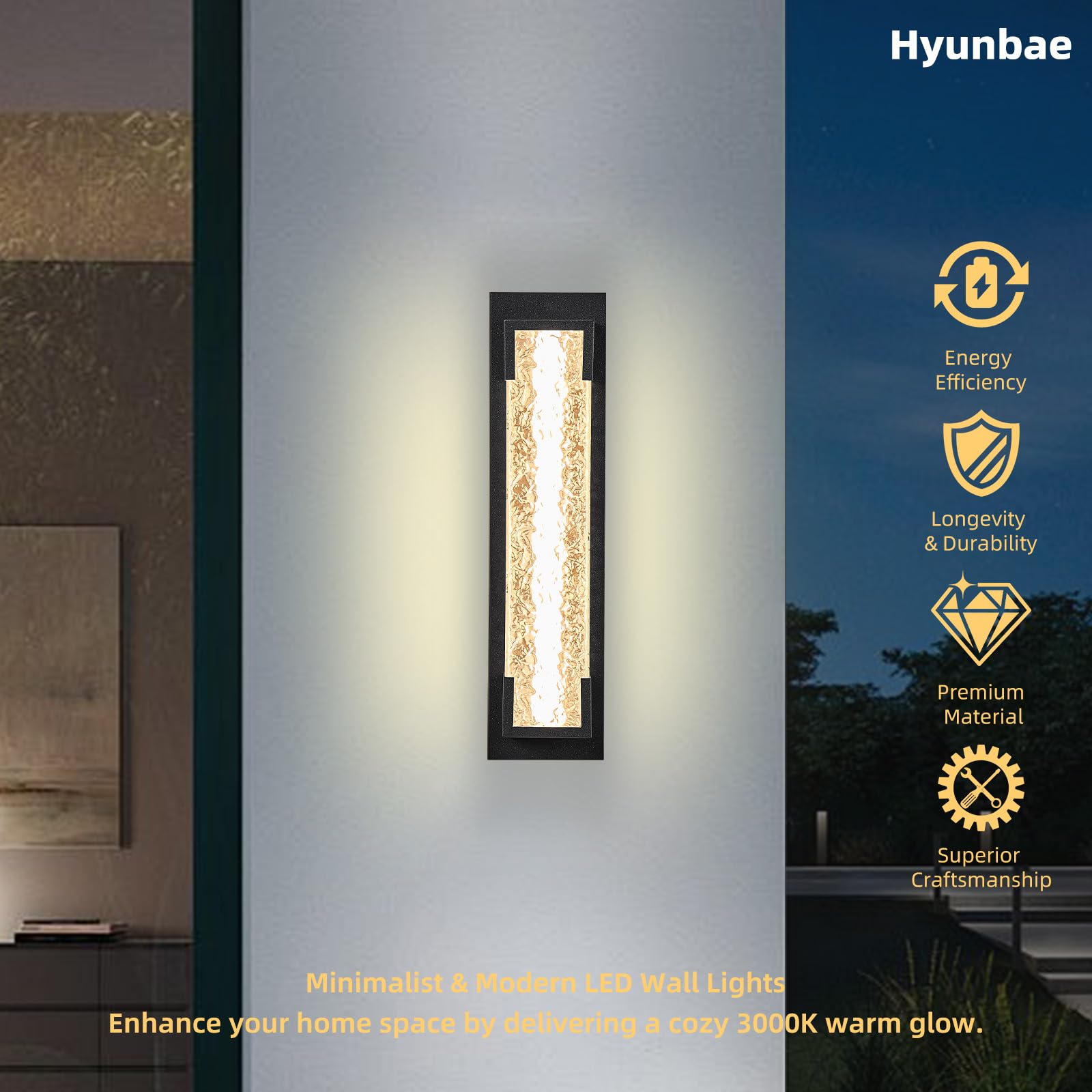 Hyunbae Outdoor Wall Light, 18.9" Large LED Modern Outdoor Wall Sconce, Waterproof Exterior Lighting Fixture with Acrylic Water Ripple Lamp 2700K Outdoor Porch Lights for House, Garage Dimmable