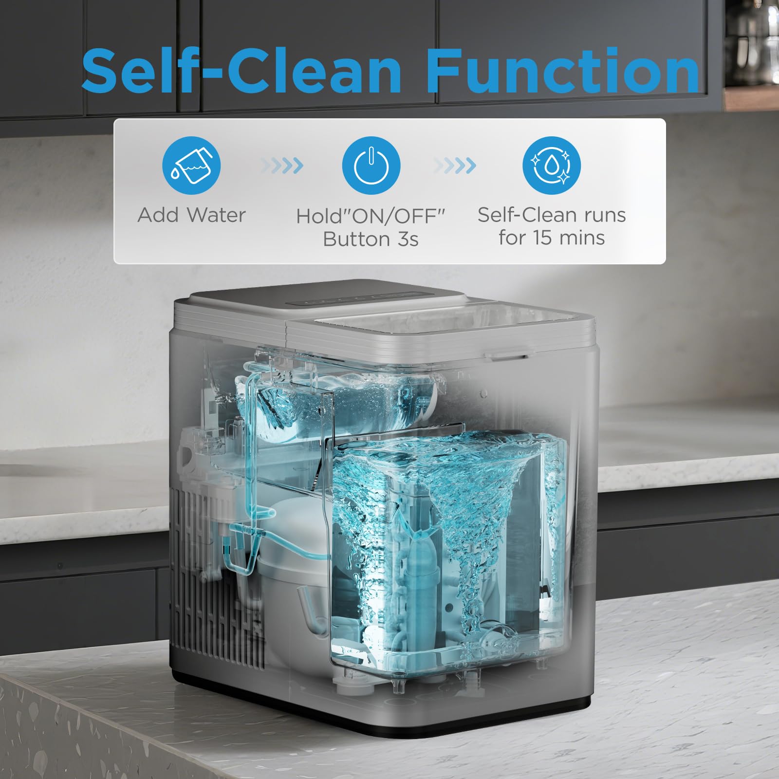 Midea MERI26B1AGY Ice Maker Countertop, 26lbs Portable Ice Maker, 8 Cubes Ready in 6 Mins, Self-Cleaning with Ice Basket and Scoop, 2 Sizes of Bullet Ice for Home, Camping, Office, Party