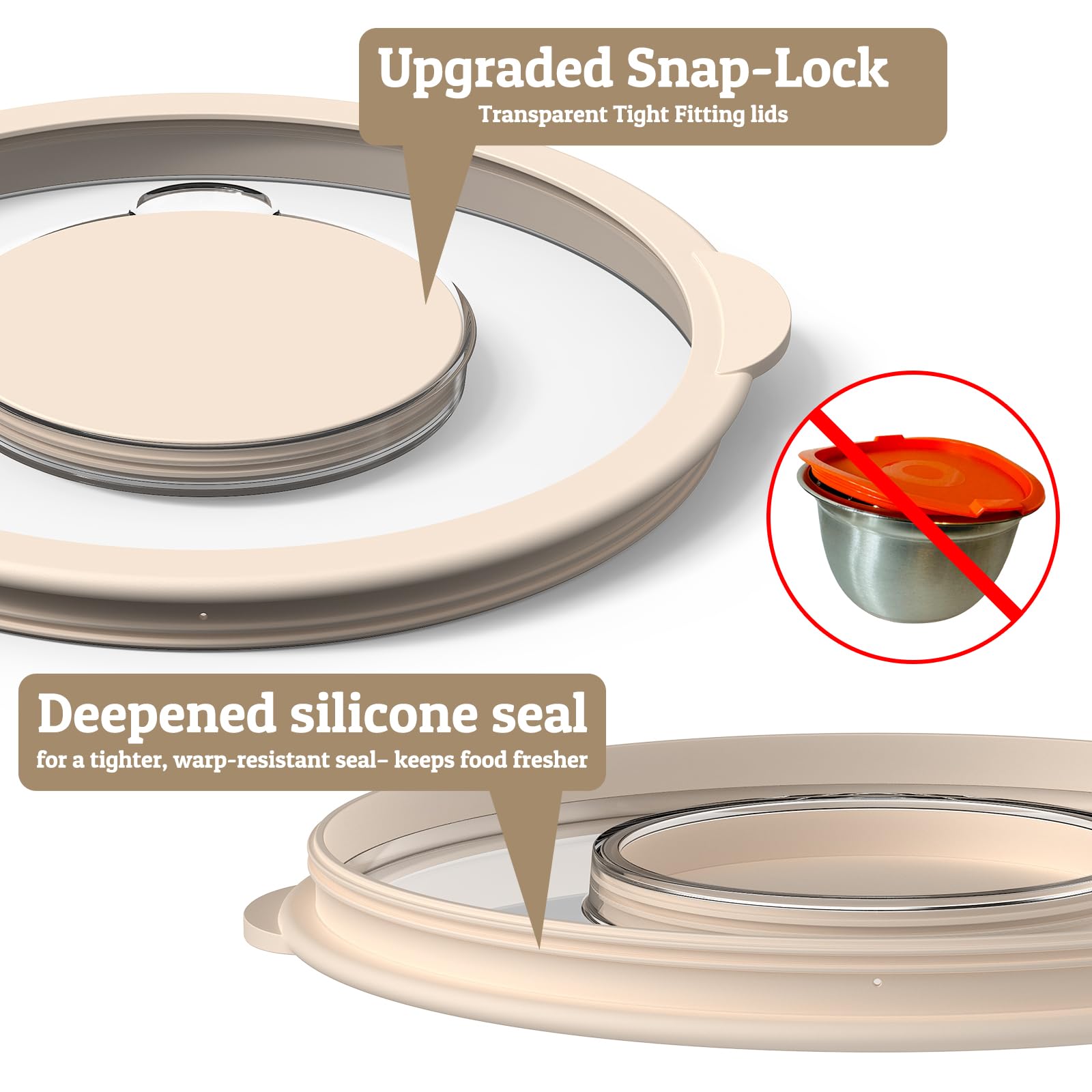 Mixing Bowles Set with Lids Set - Warp-Proof TPR-AS Lids, Stainless Steel Mixing Bowl with 3 Graters & Measuring Lines, Non-Slip Bowls for Baking, Prep, Airtight Food Storage (Khaki 5/3/2/1.5/0.63QT)