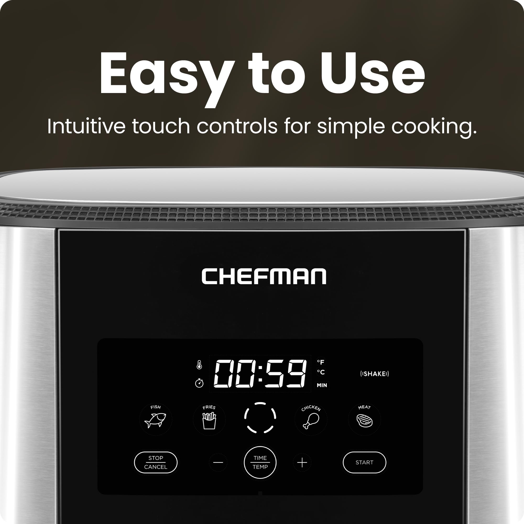 Chefman TurboFry® Touch Air Fryer, XL 8-Qt Family Size, One-Touch Digital Control Presets, French Fries, Chicken, Meat, Fish, Nonstick Dishwasher-Safe Parts, Automatic Shutoff, Stainless Steel