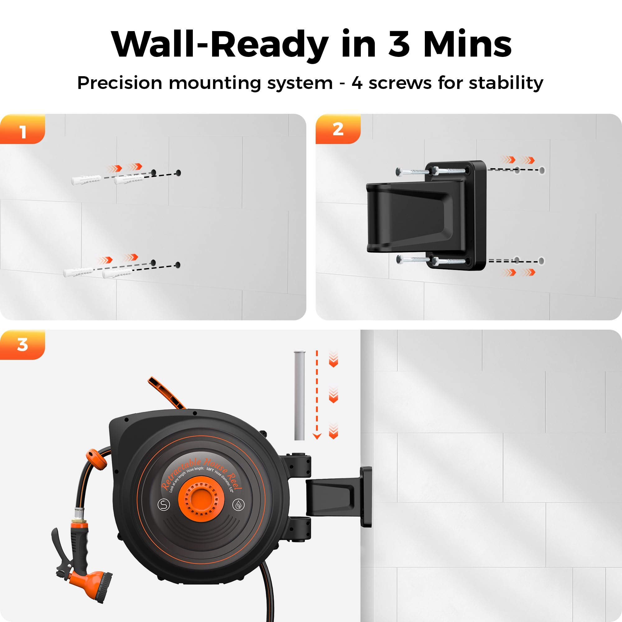 Treillage Tale Retractable Garden Hose Reel 1/2 in x 50 ft, Auto-Rewind & Any Length Lock, 180° Swivel Heavy Duty Hose Reel Wall Mount for Outside, 10 Spray Patterns, UV-Resistant