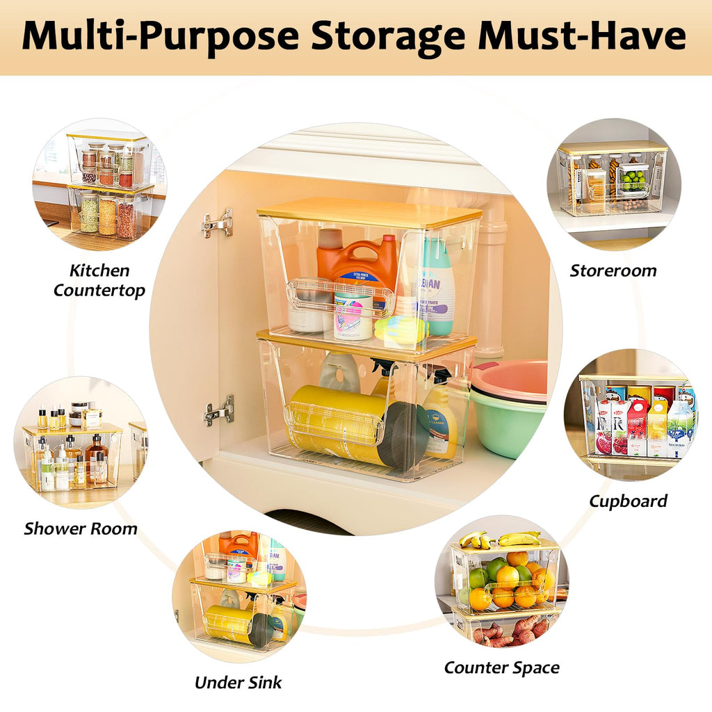 Delamu 2 Set Pantry Organizers and Storage, Trash Bag Dispenser with Bamboo Top, Stackable Trash Bag Holder Under Sink Organizer for 4-30 Gal Bags, Onion, Potato, Fruits, Clear (11-7/32"L*7"W*7-1/8"H)