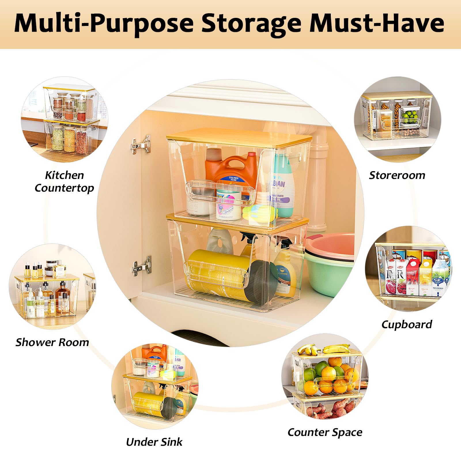 Delamu 2 Set Pantry Organizers and Storage, Trash Bag Dispenser with Bamboo Top, Stackable Trash Bag Holder Under Sink Organizer for 4-30 Gal Bags, Onion, Potato, Fruits, Clear (11-7/32"L*7"W*7-1/8"H)