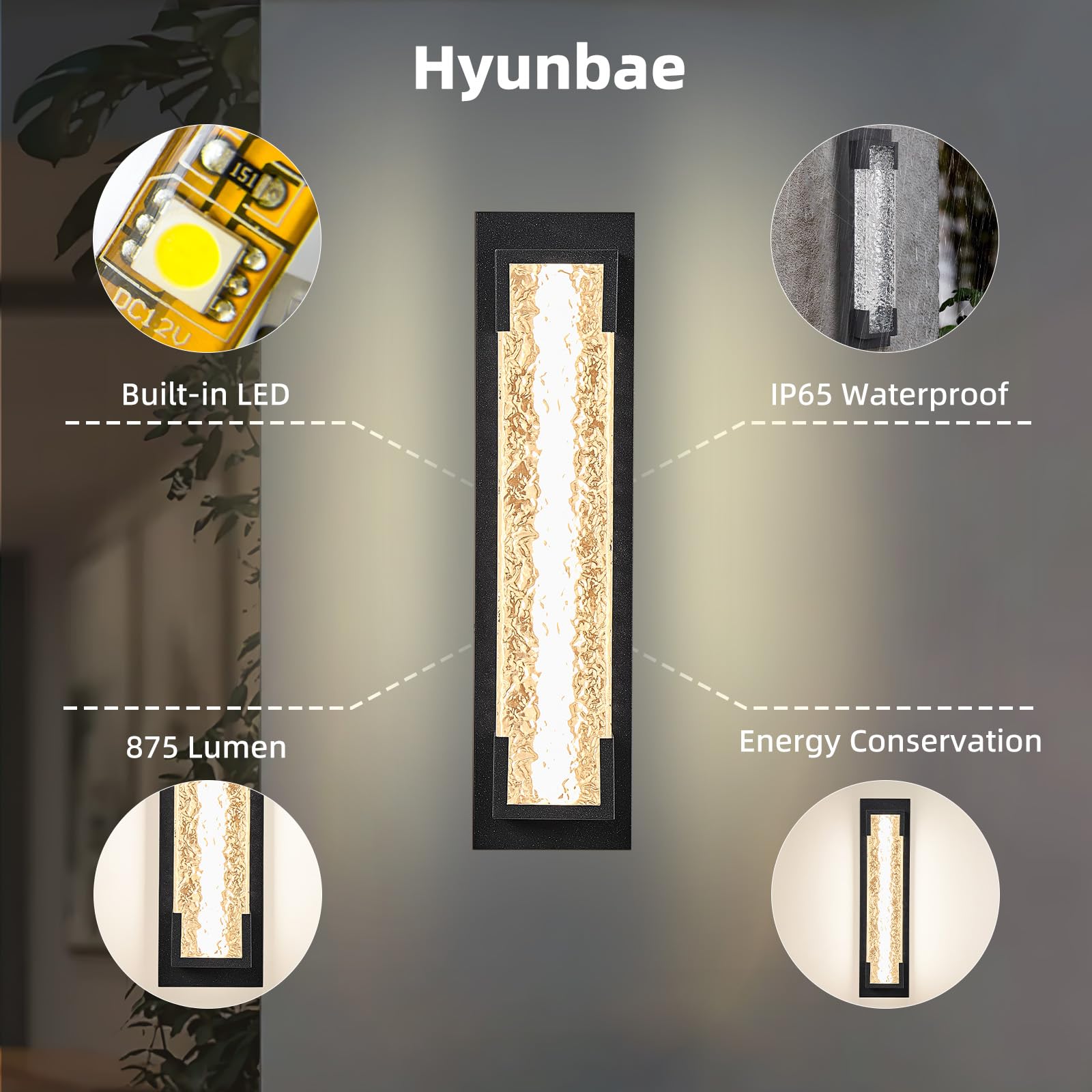 Hyunbae Outdoor Wall Light, 18.9" Large LED Modern Outdoor Wall Sconce, Waterproof Exterior Lighting Fixture with Acrylic Water Ripple Lamp 2700K Outdoor Porch Lights for House, Garage Dimmable
