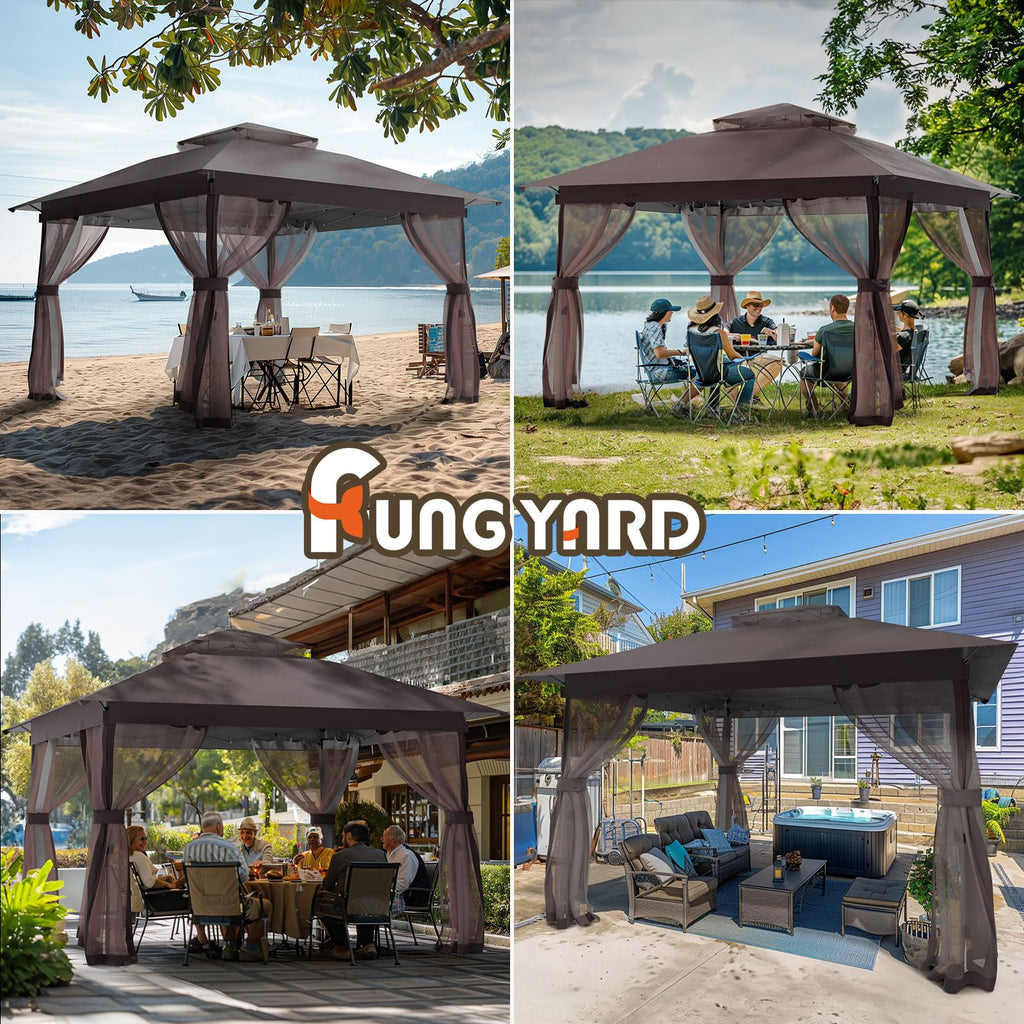 Pop Up Gazebo 11x11 - Outdoor Canopy Tent with Mosquito Netting & Wheeled Carry Bag, Double Roof Gazebos for Backyard Party Garden Wedding Camping (Brown, 11x11)