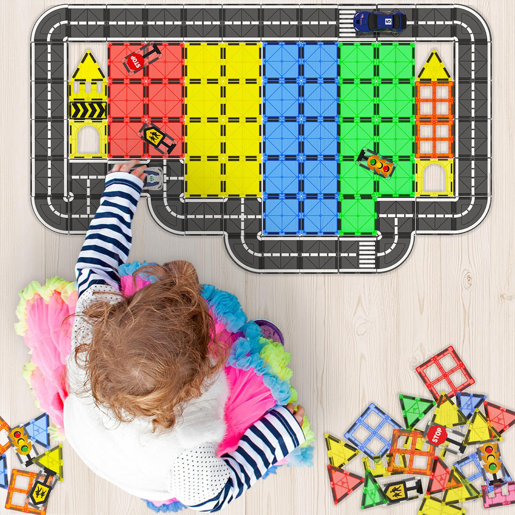 Magnetic Tiles - Road Set, Magnetic Building Blocks, Preschool Montessori Toys Gift for 3+ Year Old Boys and Girls, Sensory Travel Toys for Kids Aged 3-5 and 4-8, Ideas for Toddler with Autism