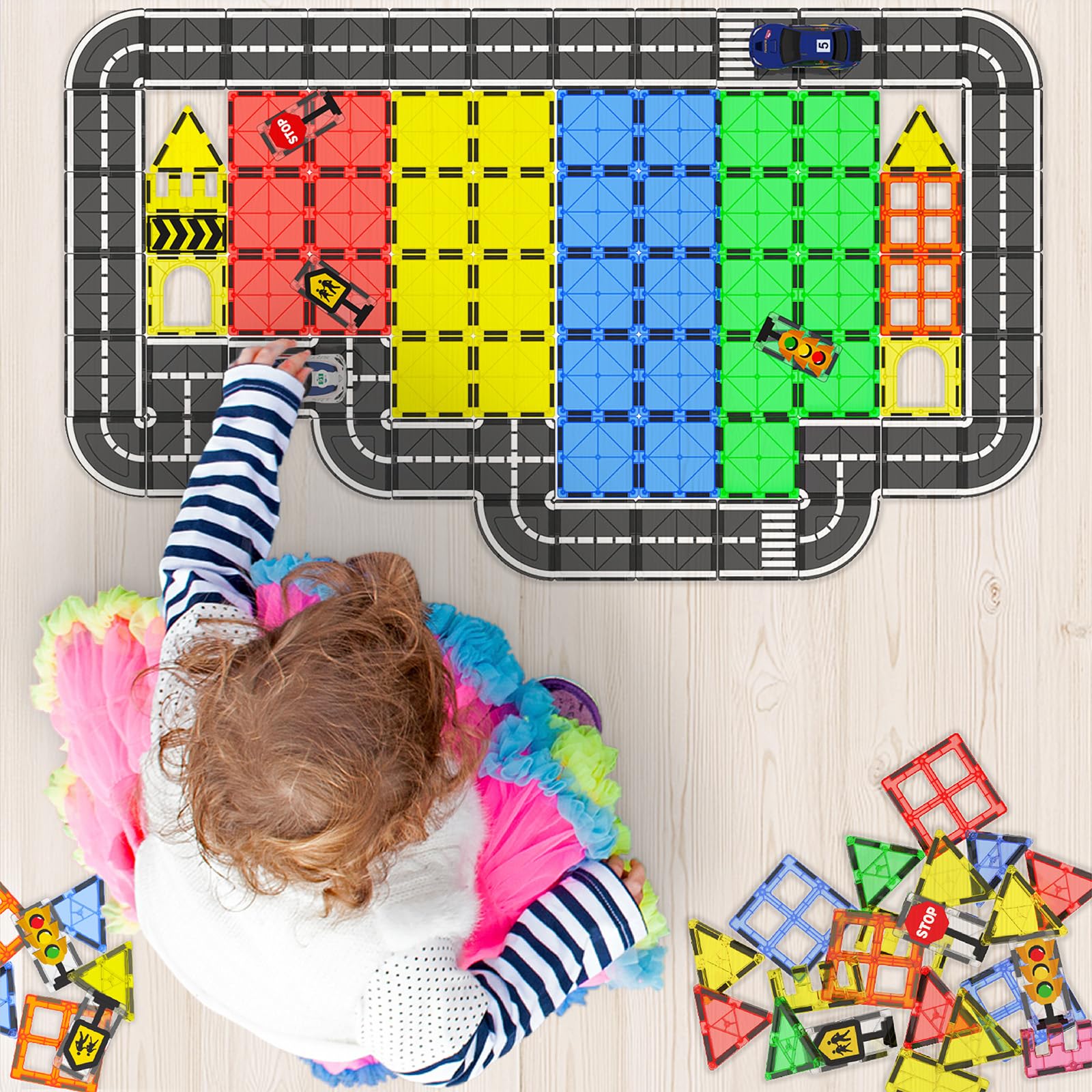 Magnetic Tiles - Road Set, Magnetic Building Blocks, Preschool Montessori Toys Gift for 3+ Year Old Boys and Girls, Sensory Travel Toys for Kids Aged 3-5 and 4-8, Ideas for Toddler with Autism