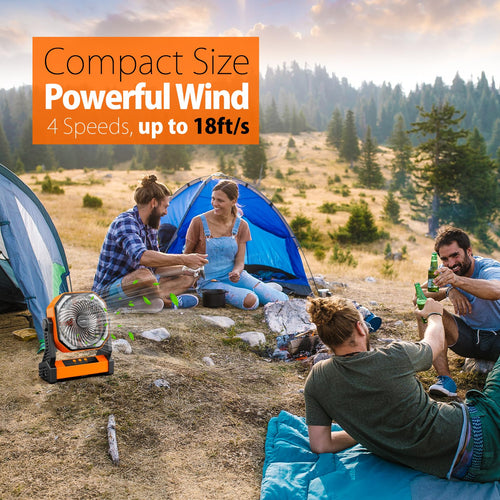 20000mAh Camping Fan, Rechargeable Battery Operated with 360° Rotatable Hook, 400 Lumes Light, 270° Pivot, 4 Speeds, 58Hrs Battery Powered Fan for Outdoor Tent Car Trip BBQ Hurricane Power Outages