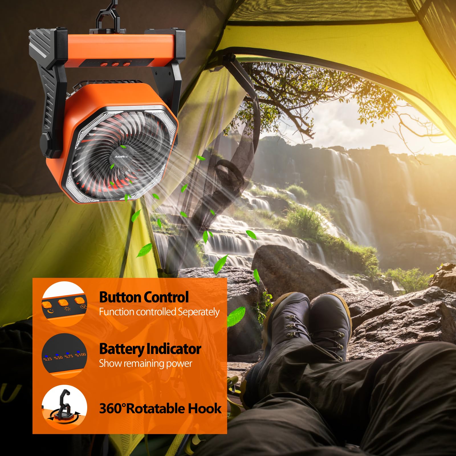 20000mAh Camping Fan, Rechargeable Battery Operated with 360° Rotatable Hook, 400 Lumes Light, 270° Pivot, 4 Speeds, 58Hrs Battery Powered Fan for Outdoor Tent Car Trip BBQ Hurricane Power Outages
