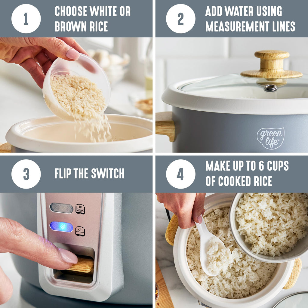 GreenLife Electric Rice Cooker, 3-Cups Uncooked/6-Cups Cooked, Removable PFAS-Free Nonstick Pot, One-Switch Design, Auto Keep Warm, Small Space Saving, Rice Paddle, Soup, Grains, Oatmeal, 1.5 QT, Grey