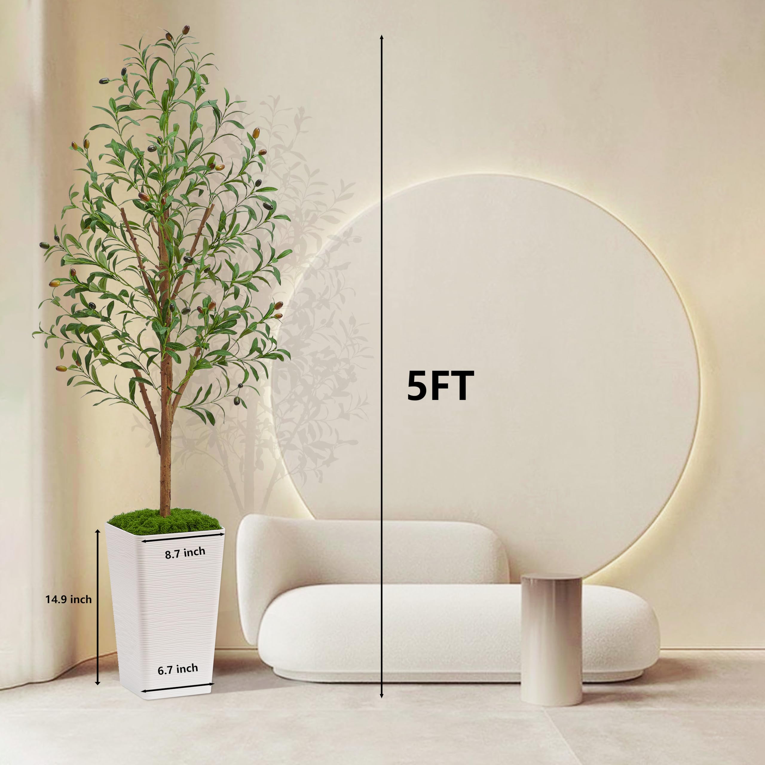 Artificial Olive Trees, Fake Olive Trees for Indoor, Faux Olive Silk Tree, Large Olive Plants (1, White Tall Planter, 5 FT)