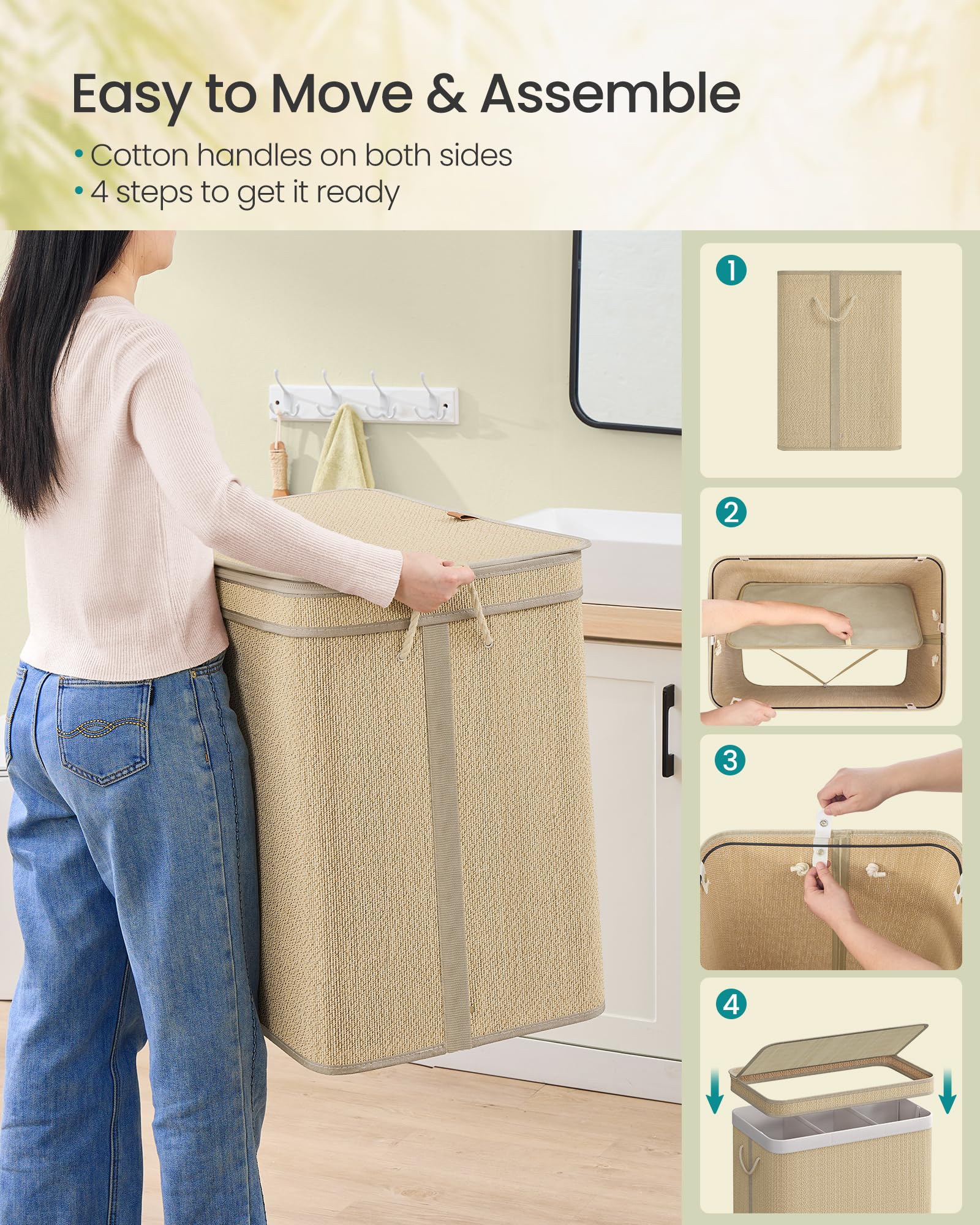 SONGMICS 3-Section Laundry Hamper With Lid, 44.9 Gal (170 L) Large Laundry Basket With 3 Removable Machine Washable Fabric Bag, Bamboo Clothes Hamper, Handles, for Bathroom, Natural Color ULCB069Y01