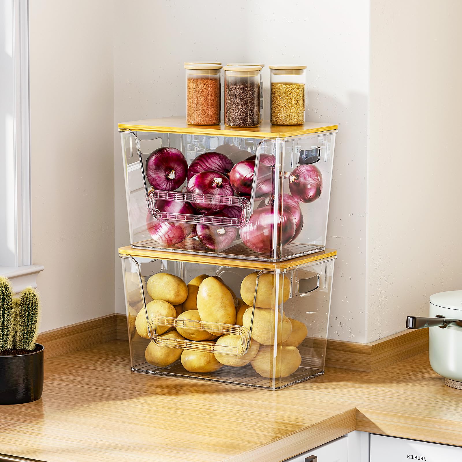 Delamu 2 Set Pantry Organizers and Storage, Trash Bag Dispenser with Bamboo Top, Stackable Trash Bag Holder Under Sink Organizer for 4-30 Gal Bags, Onion, Potato, Fruits, Clear (11-7/32"L*7"W*7-1/8"H)