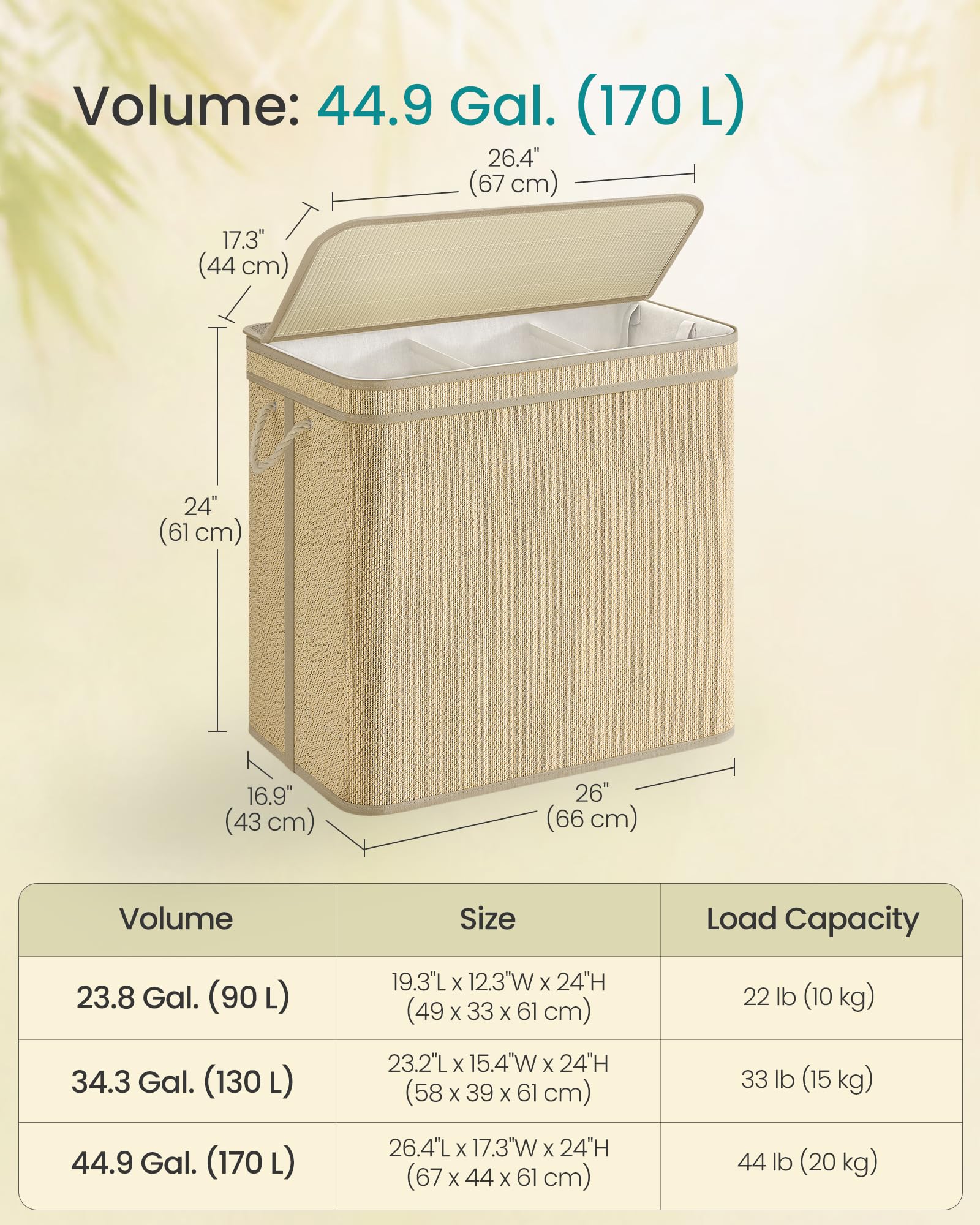 SONGMICS 3-Section Laundry Hamper With Lid, 44.9 Gal (170 L) Large Laundry Basket With 3 Removable Machine Washable Fabric Bag, Bamboo Clothes Hamper, Handles, for Bathroom, Natural Color ULCB069Y01