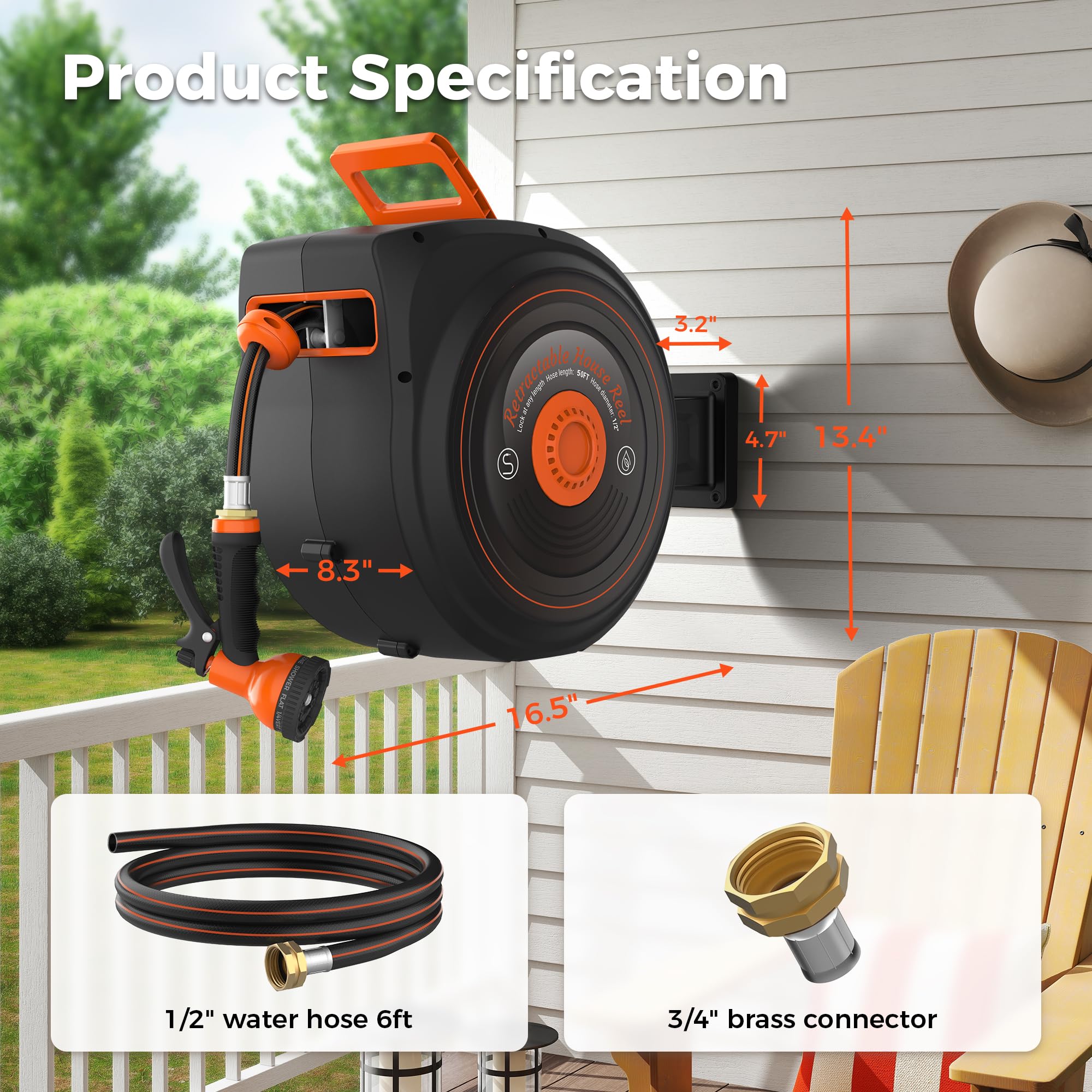 Treillage Tale Retractable Garden Hose Reel 1/2 in x 50 ft, Auto-Rewind & Any Length Lock, 180° Swivel Heavy Duty Hose Reel Wall Mount for Outside, 10 Spray Patterns, UV-Resistant