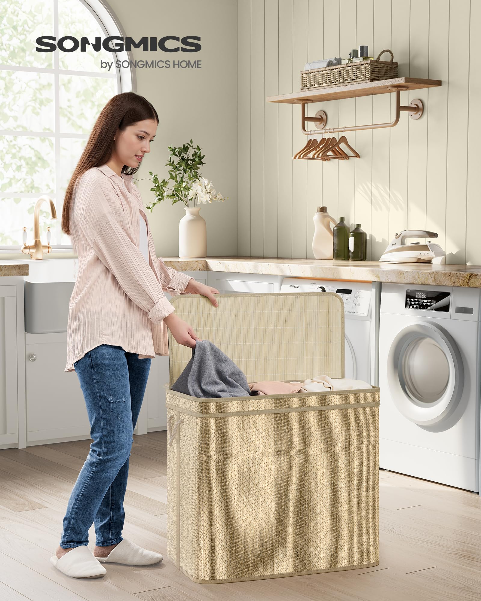 SONGMICS 3-Section Laundry Hamper With Lid, 44.9 Gal (170 L) Large Laundry Basket With 3 Removable Machine Washable Fabric Bag, Bamboo Clothes Hamper, Handles, for Bathroom, Natural Color ULCB069Y01