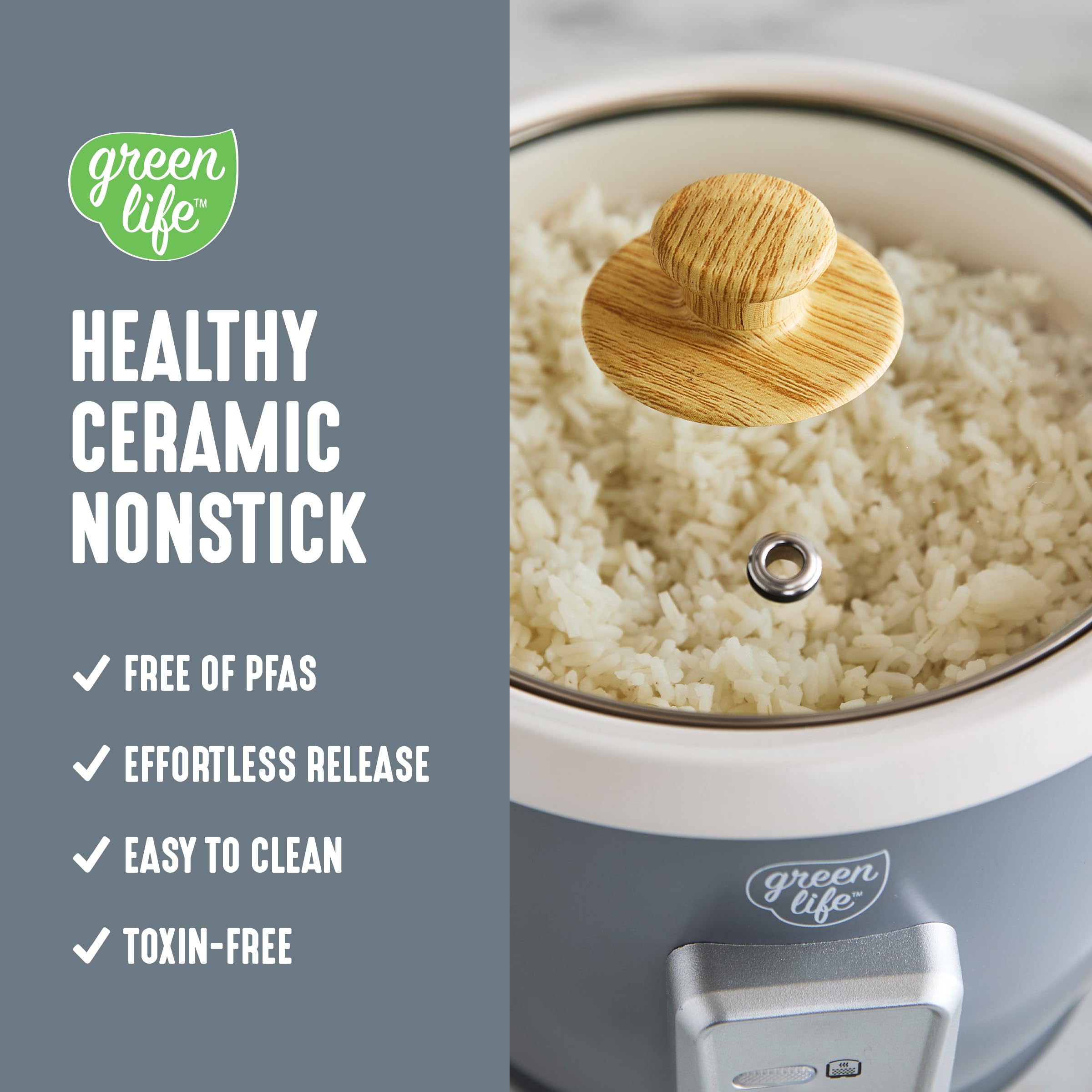 GreenLife Electric Rice Cooker, 3-Cups Uncooked/6-Cups Cooked, Removable PFAS-Free Nonstick Pot, One-Switch Design, Auto Keep Warm, Small Space Saving, Rice Paddle, Soup, Grains, Oatmeal, 1.5 QT, Grey