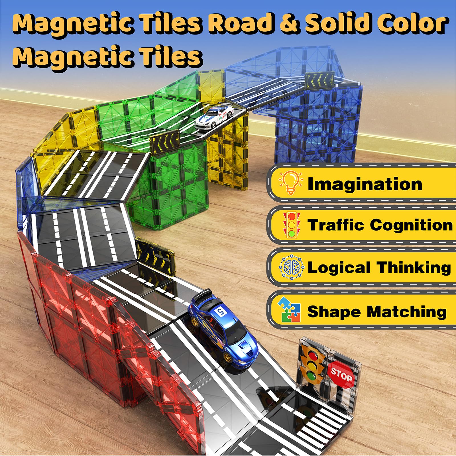 Magnetic Tiles - Road Set, Magnetic Building Blocks, Preschool Montessori Toys Gift for 3+ Year Old Boys and Girls, Sensory Travel Toys for Kids Aged 3-5 and 4-8, Ideas for Toddler with Autism