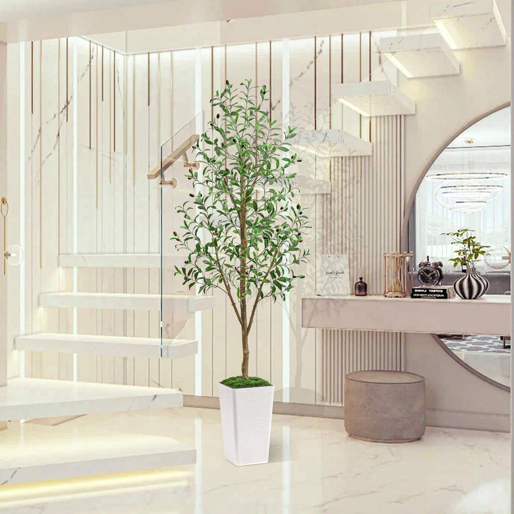 Artificial Olive Trees, Fake Olive Trees for Indoor, Faux Olive Silk Tree, Large Olive Plants (1, White Tall Planter, 5 FT)