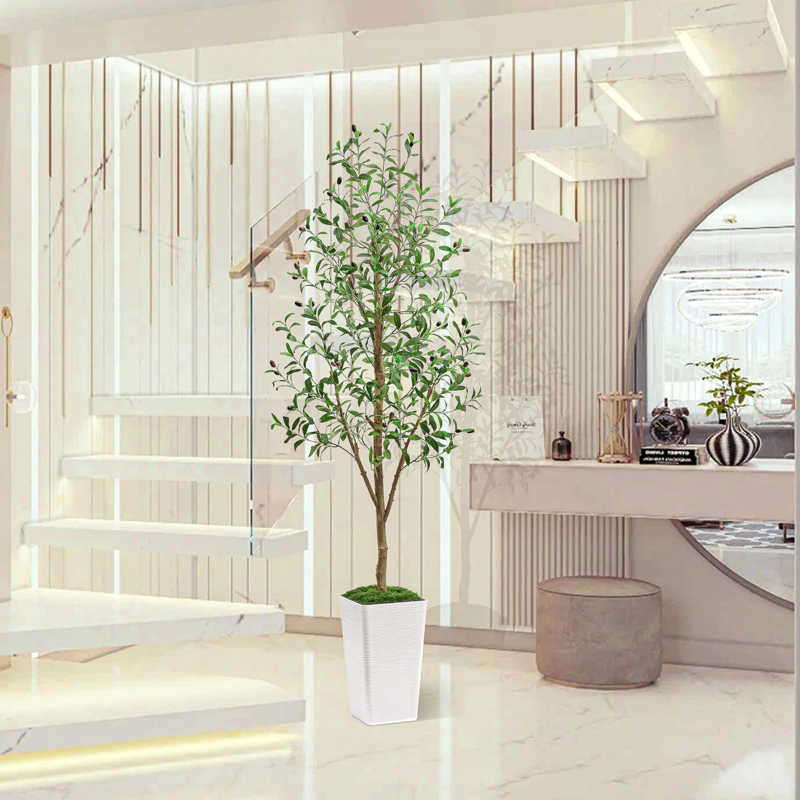 Artificial Olive Trees, Fake Olive Trees for Indoor, Faux Olive Silk Tree, Large Olive Plants (1, White Tall Planter, 5 FT)