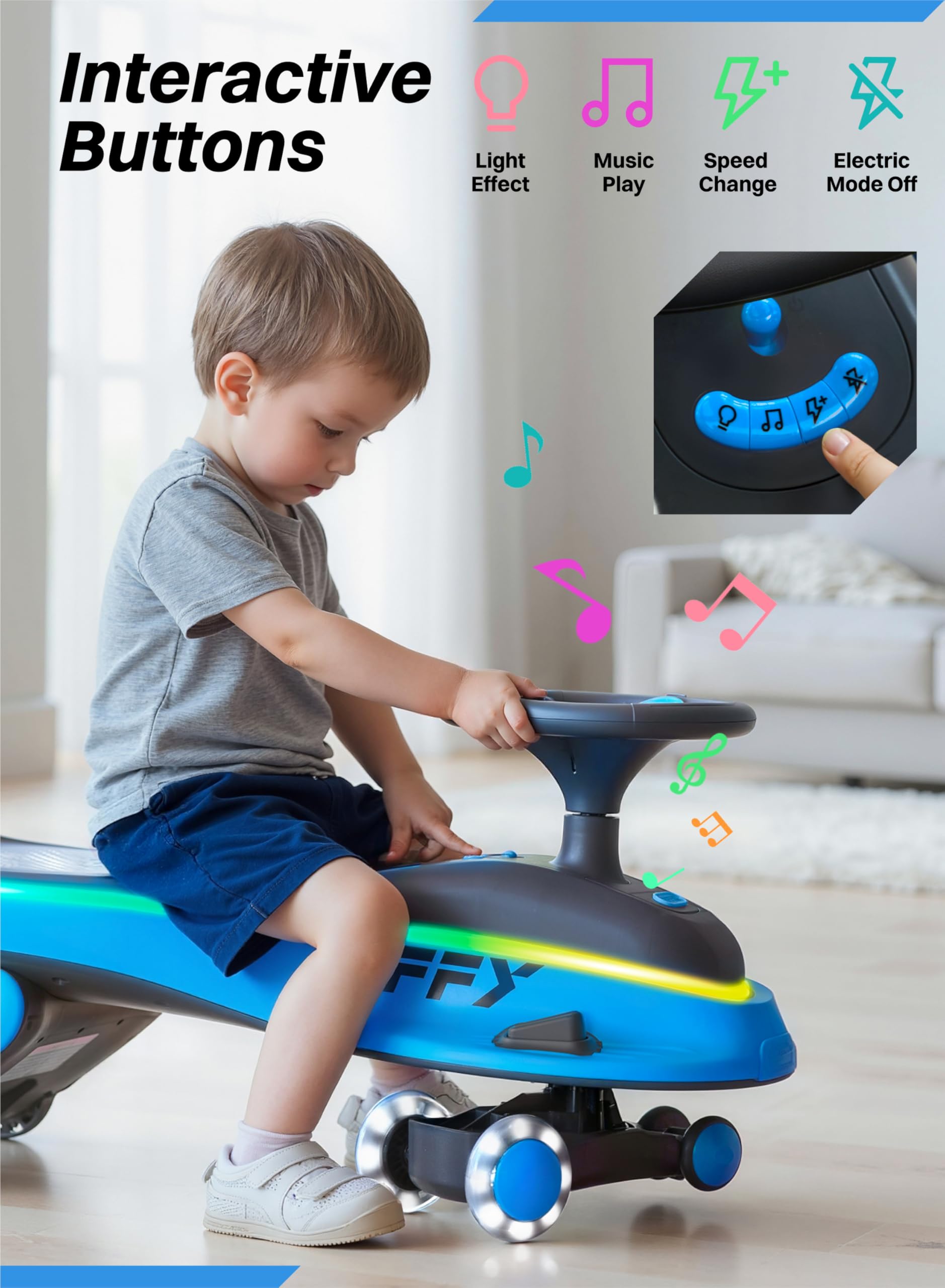 ZIFFY 45W 5.5A Light-Up Electric Wiggle Car with Pedal, Rechargeable Battery, 2-in-1 Swing Car, 2 Speed Ride-On Toy, Anti-Rollover, Flashing Wheels for Ages 3+ (Up to 110 lbs)