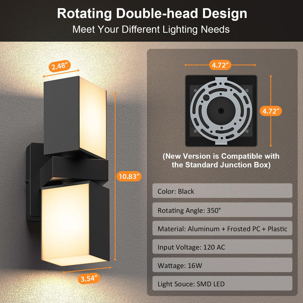 XMCOSY+ Outdoor Wall Lights, 1400LM Smart RGBCW Exterior Lighting Fixtures Adjustable Dual-Head Outdoor Light Fixture, WiFi APP Control, Alexa Compatible, Waterproof Outside Lights for House (2PK)