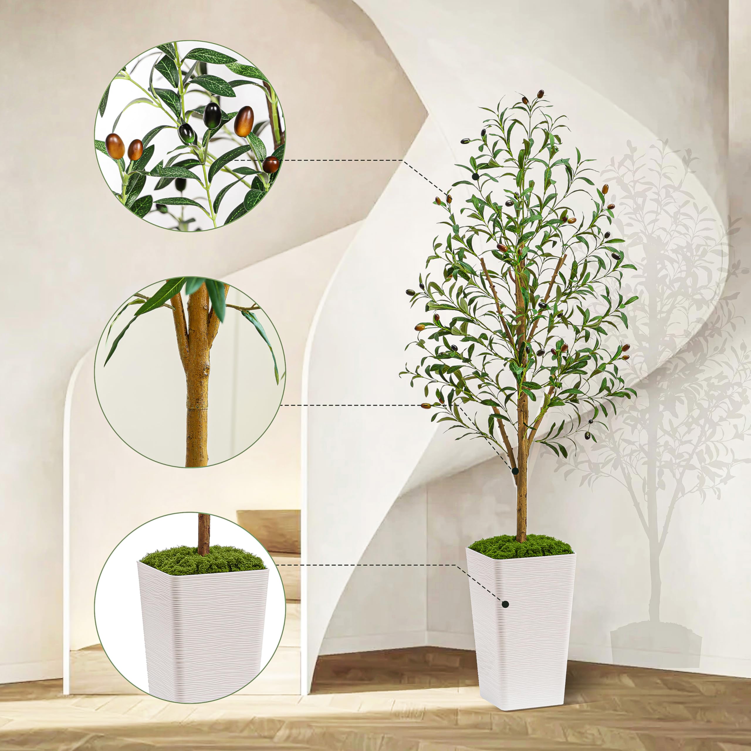 Artificial Olive Trees, Fake Olive Trees for Indoor, Faux Olive Silk Tree, Large Olive Plants (1, White Tall Planter, 5 FT)