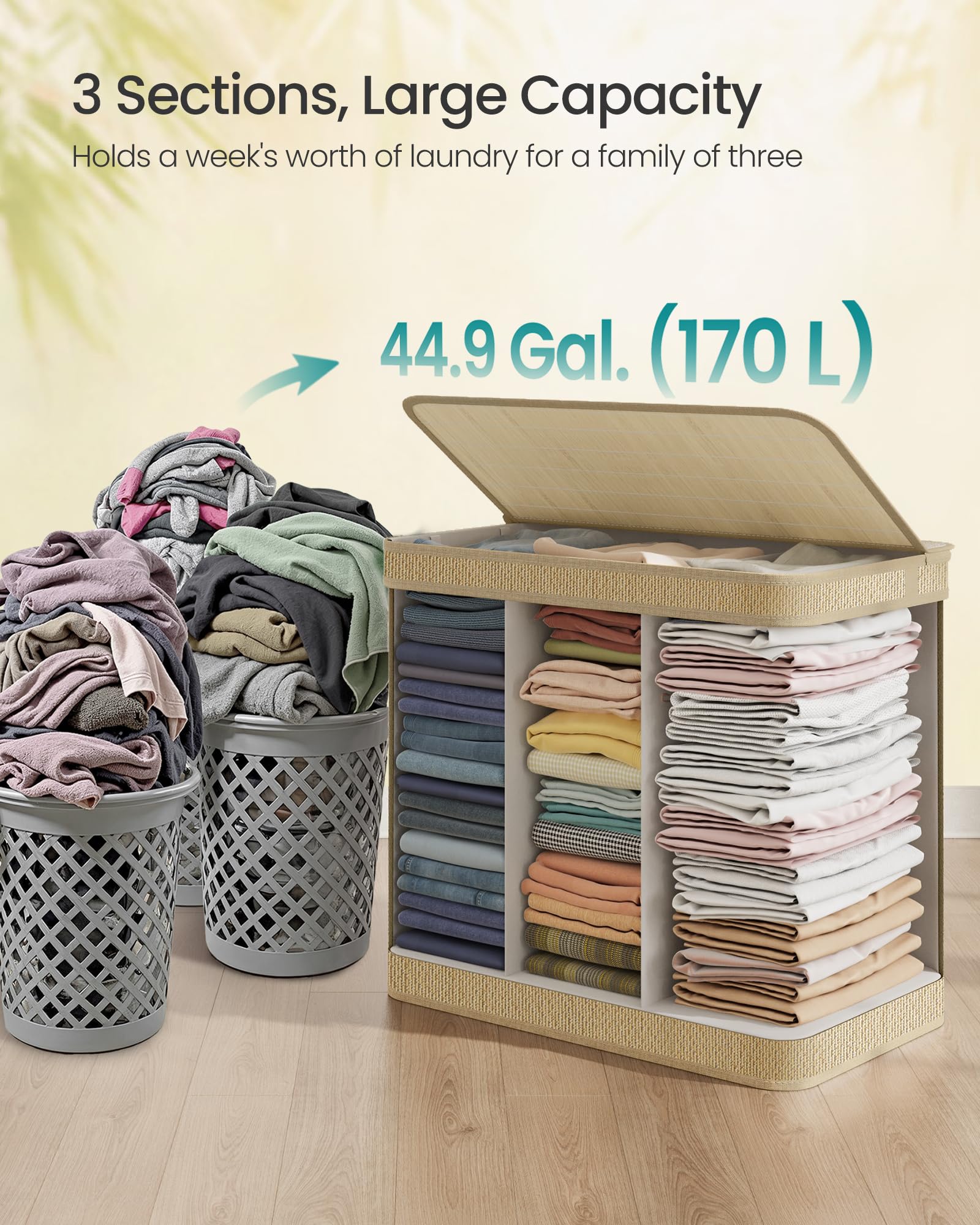 SONGMICS 3-Section Laundry Hamper With Lid, 44.9 Gal (170 L) Large Laundry Basket With 3 Removable Machine Washable Fabric Bag, Bamboo Clothes Hamper, Handles, for Bathroom, Natural Color ULCB069Y01