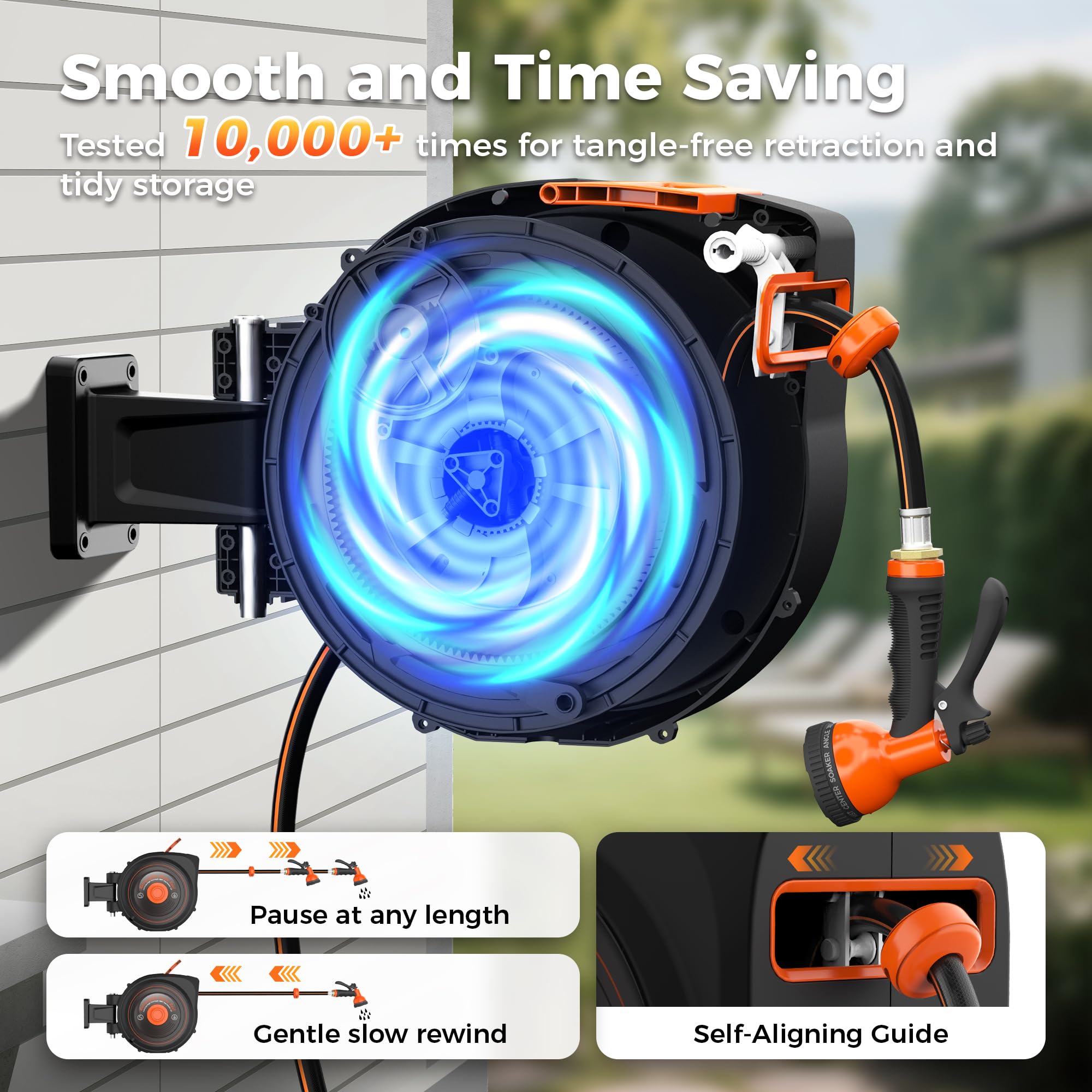 Treillage Tale Retractable Garden Hose Reel 1/2 in x 50 ft, Auto-Rewind & Any Length Lock, 180° Swivel Heavy Duty Hose Reel Wall Mount for Outside, 10 Spray Patterns, UV-Resistant