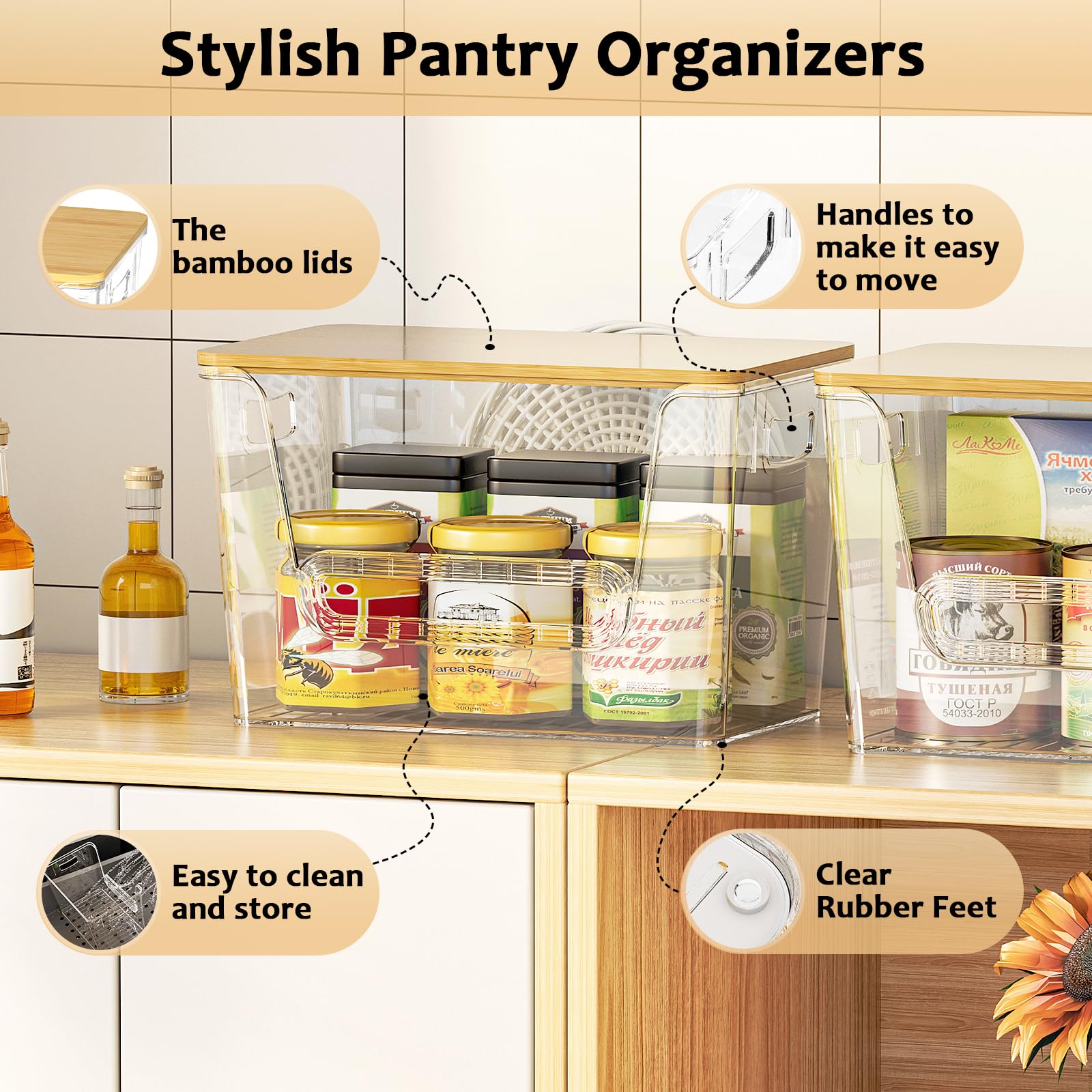 Delamu 2 Set Pantry Organizers and Storage, Trash Bag Dispenser with Bamboo Top, Stackable Trash Bag Holder Under Sink Organizer for 4-30 Gal Bags, Onion, Potato, Fruits, Clear (11-7/32"L*7"W*7-1/8"H)