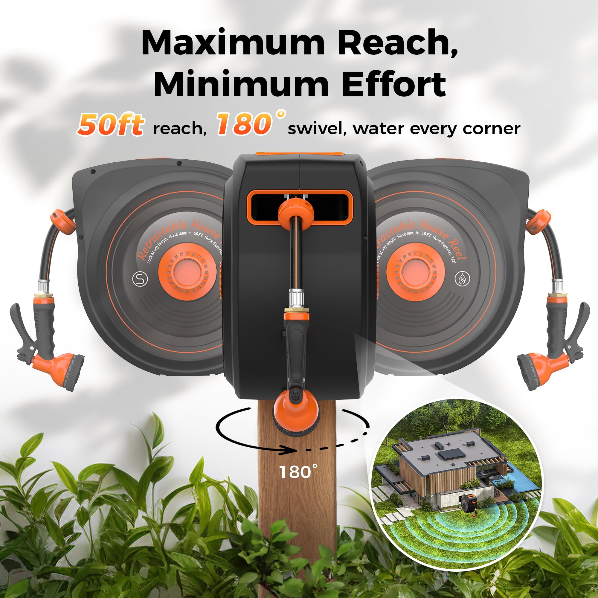 Treillage Tale Retractable Garden Hose Reel 1/2 in x 50 ft, Auto-Rewind & Any Length Lock, 180° Swivel Heavy Duty Hose Reel Wall Mount for Outside, 10 Spray Patterns, UV-Resistant