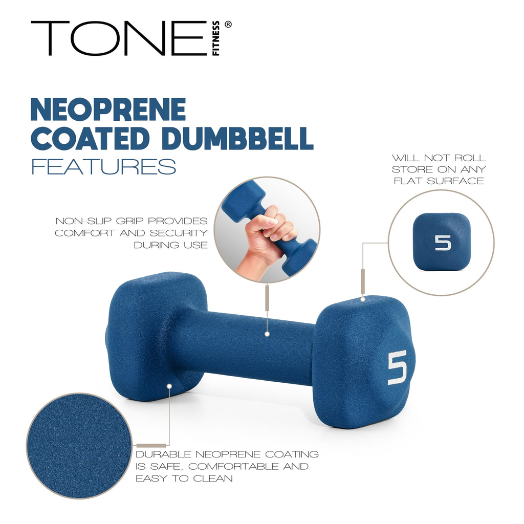 Tone Fitness 20 LB Neoprene Dumbbell Set with Storage Rack – Non-Slip, Anti-Roll Hand Weights for Home Gym Workouts - Blue