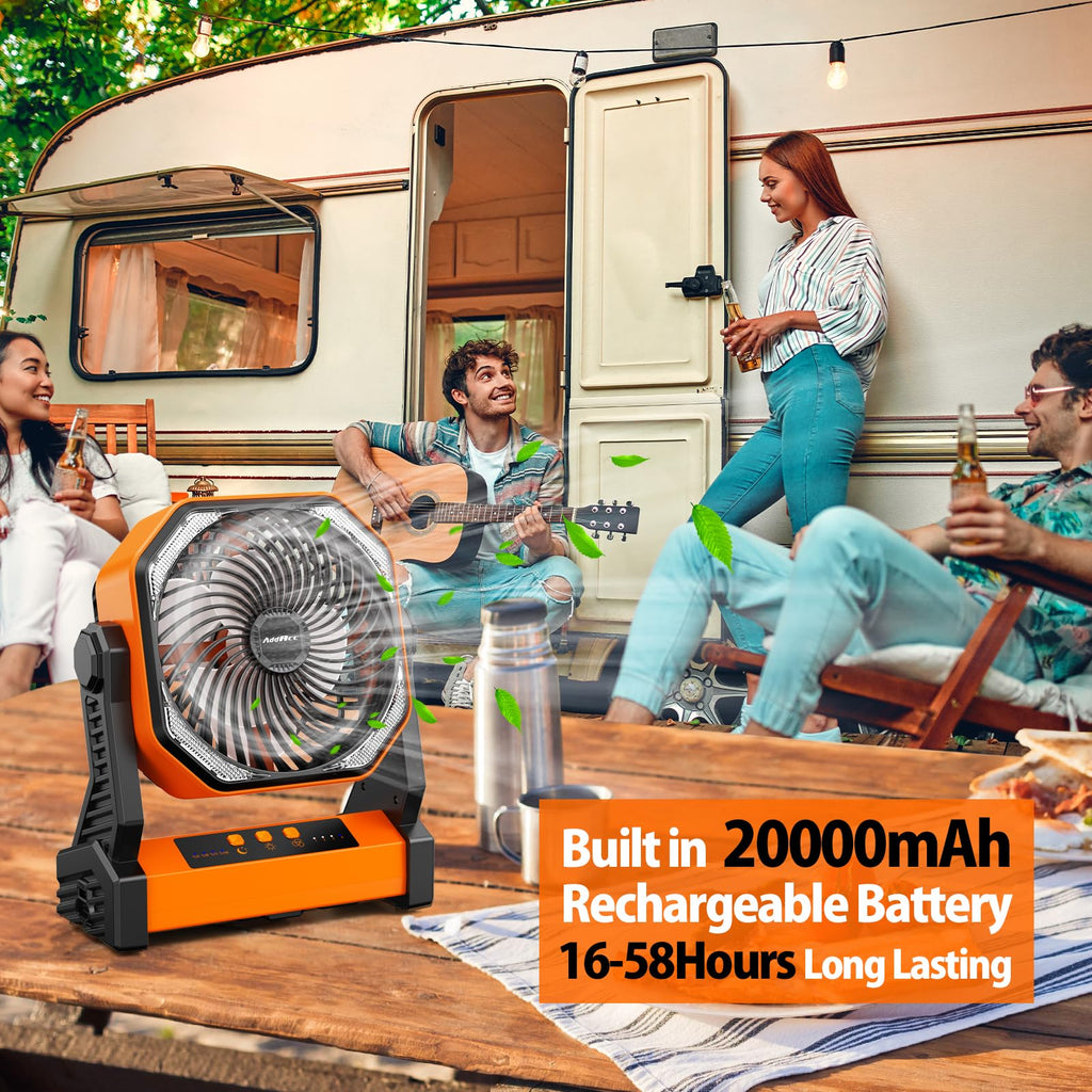 20000mAh Camping Fan, Rechargeable Battery Operated with 360° Rotatable Hook, 400 Lumes Light, 270° Pivot, 4 Speeds, 58Hrs Battery Powered Fan for Outdoor Tent Car Trip BBQ Hurricane Power Outages