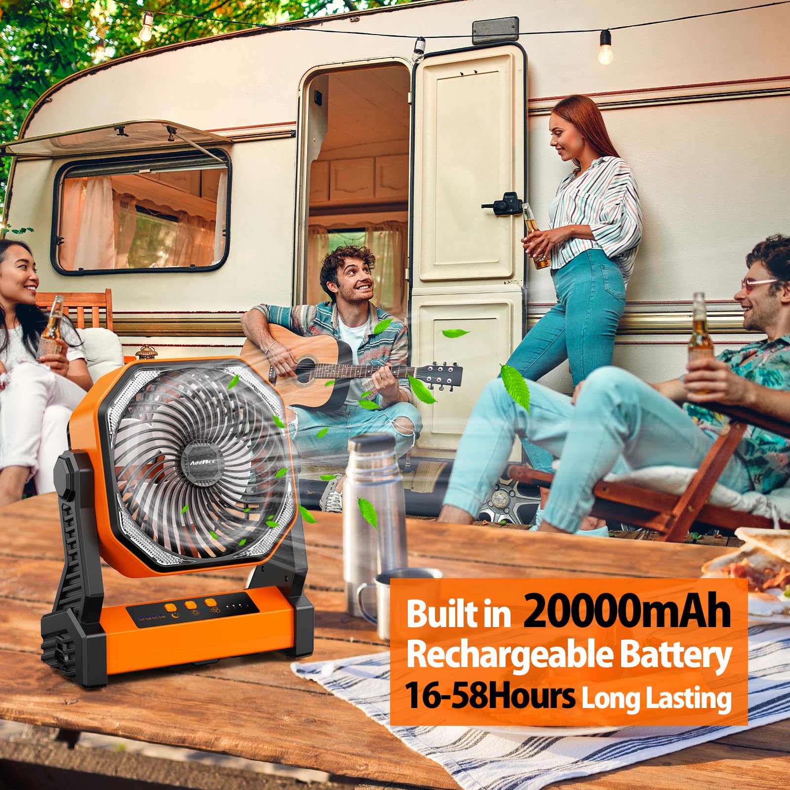 20000mAh Camping Fan, Rechargeable Battery Operated with 360° Rotatable Hook, 400 Lumes Light, 270° Pivot, 4 Speeds, 58Hrs Battery Powered Fan for Outdoor Tent Car Trip BBQ Hurricane Power Outages