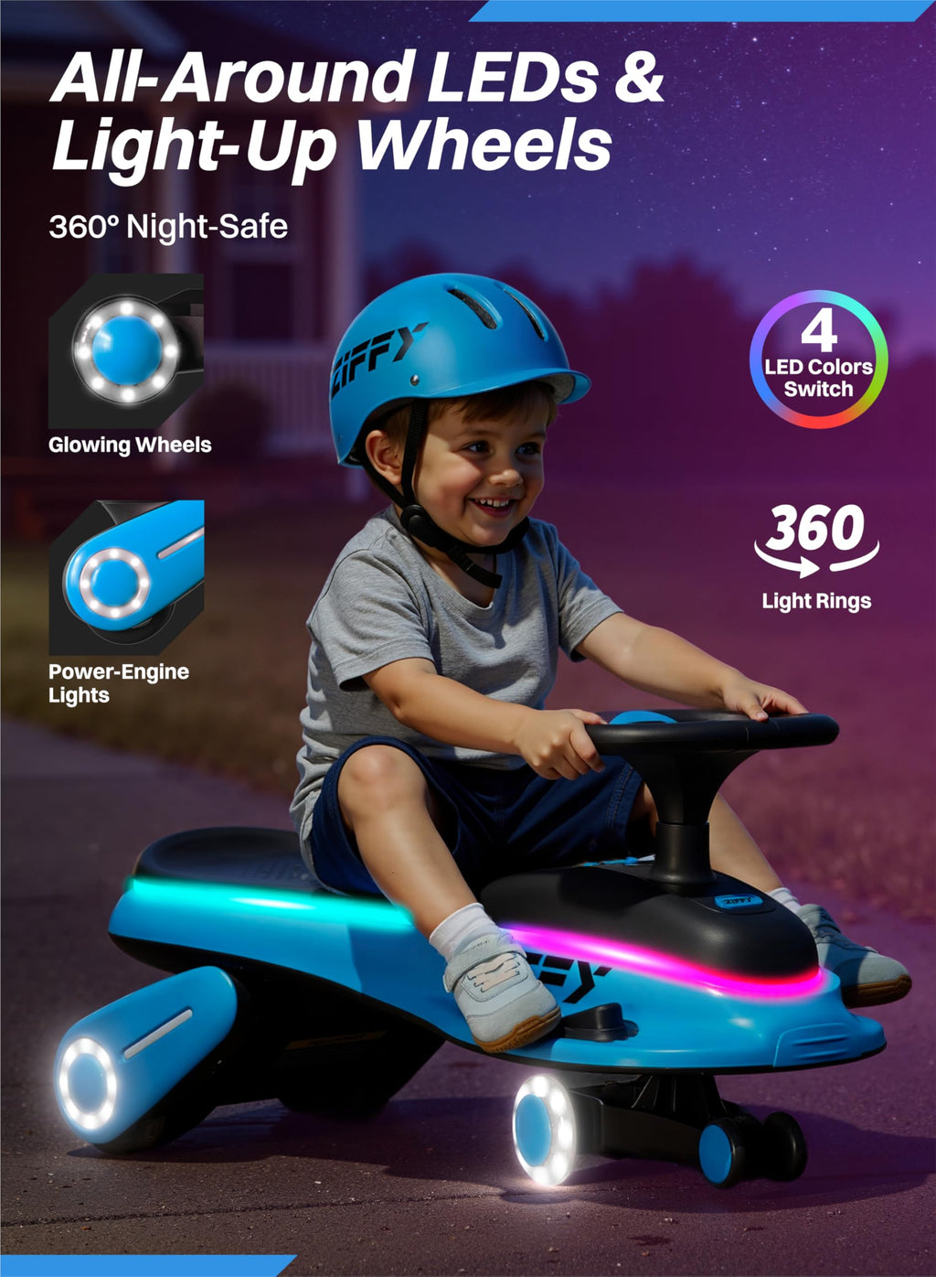 ZIFFY 45W 5.5A Light-Up Electric Wiggle Car with Pedal, Rechargeable Battery, 2-in-1 Swing Car, 2 Speed Ride-On Toy, Anti-Rollover, Flashing Wheels for Ages 3+ (Up to 110 lbs)