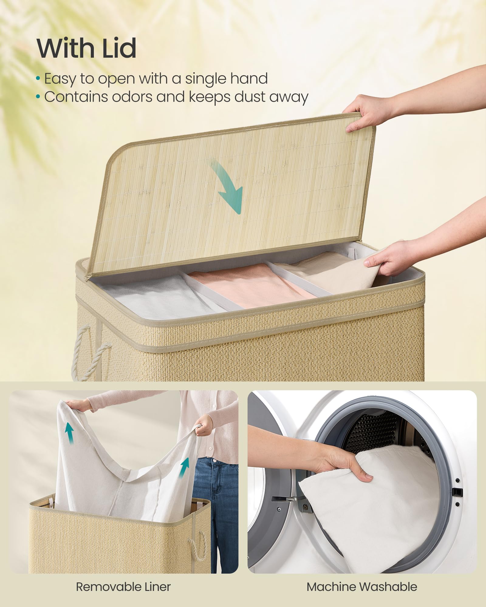 SONGMICS 3-Section Laundry Hamper With Lid, 44.9 Gal (170 L) Large Laundry Basket With 3 Removable Machine Washable Fabric Bag, Bamboo Clothes Hamper, Handles, for Bathroom, Natural Color ULCB069Y01
