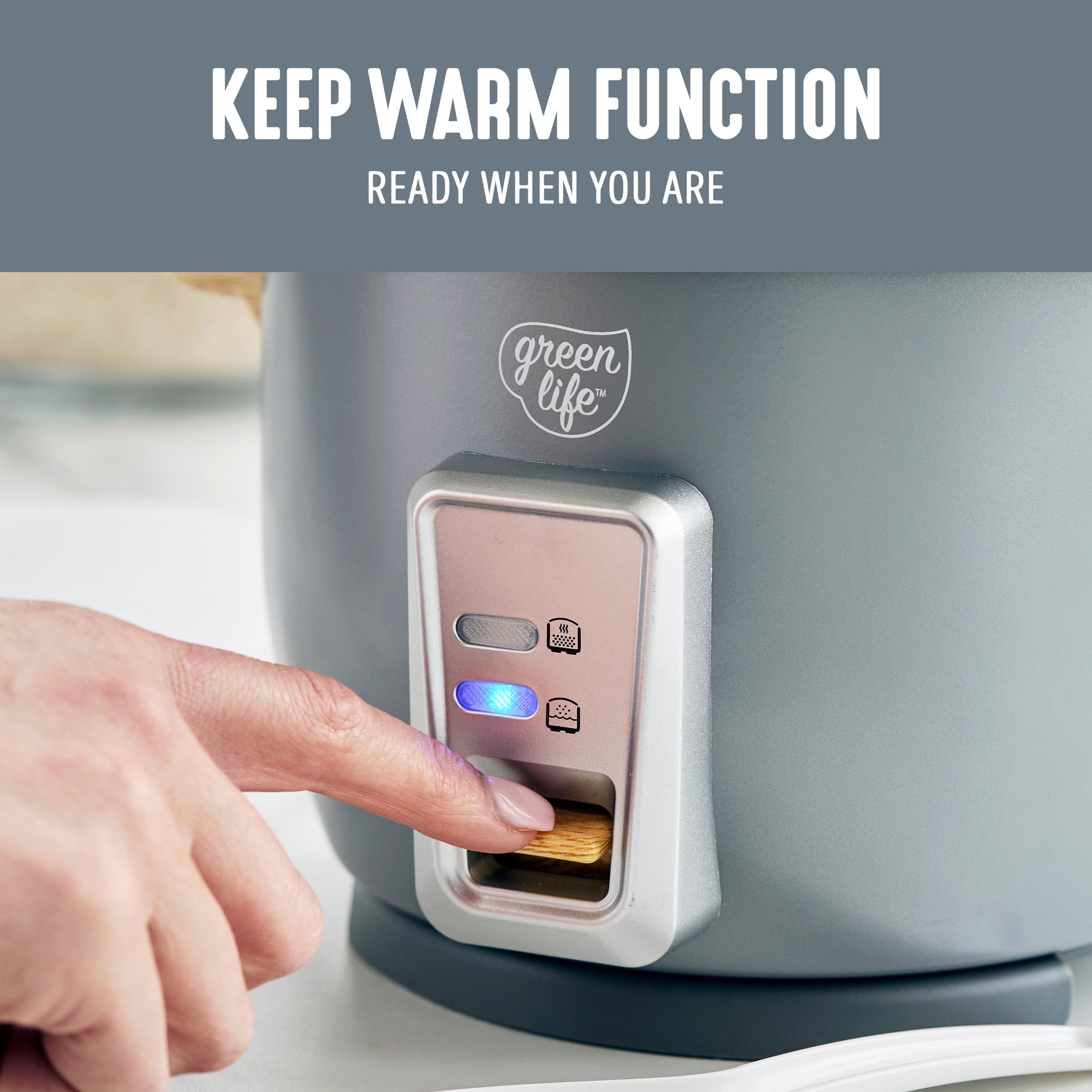 GreenLife Electric Rice Cooker, 3-Cups Uncooked/6-Cups Cooked, Removable PFAS-Free Nonstick Pot, One-Switch Design, Auto Keep Warm, Small Space Saving, Rice Paddle, Soup, Grains, Oatmeal, 1.5 QT, Grey