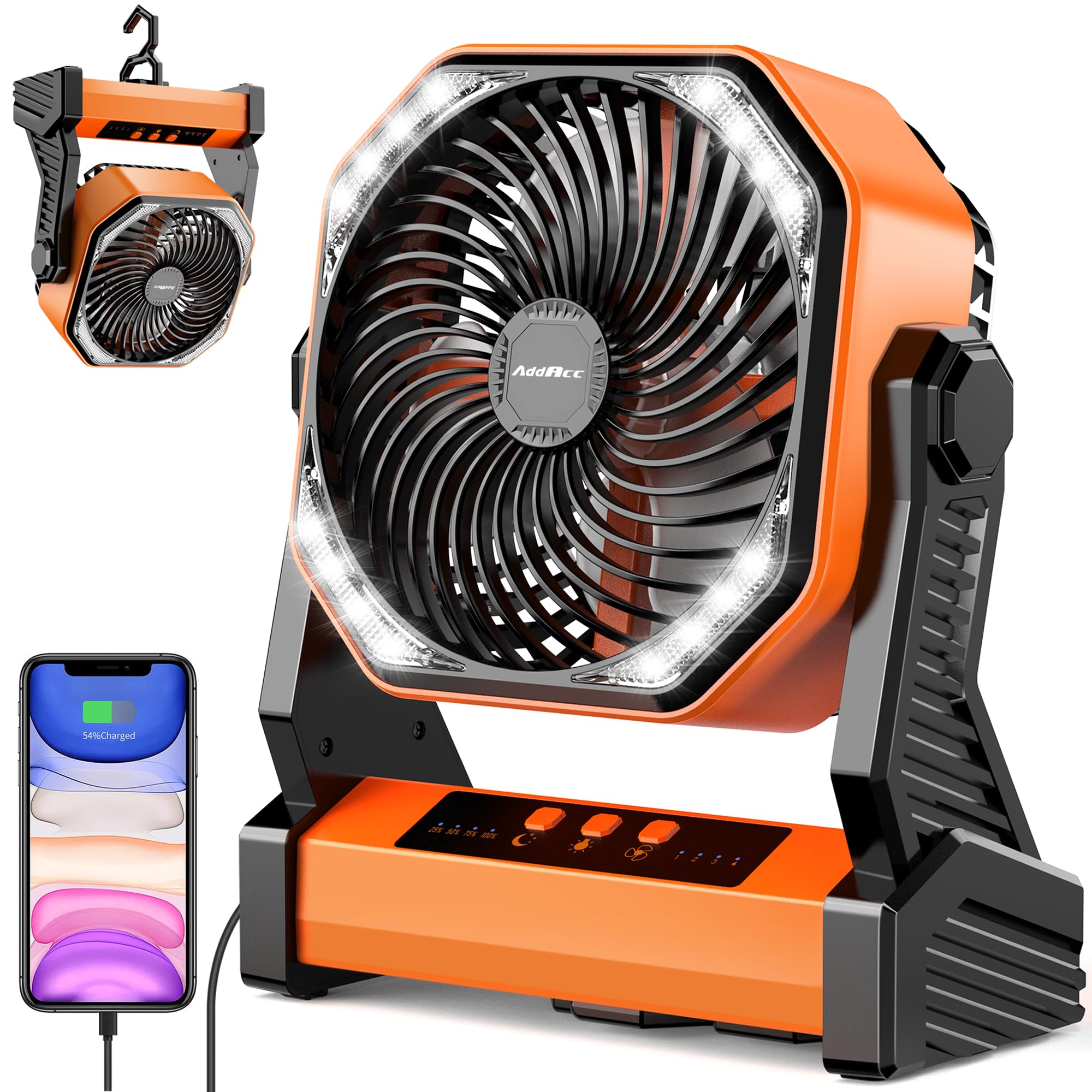 20000mAh Camping Fan, Rechargeable Battery Operated with 360° Rotatable Hook, 400 Lumes Light, 270° Pivot, 4 Speeds, 58Hrs Battery Powered Fan for Outdoor Tent Car Trip BBQ Hurricane Power Outages