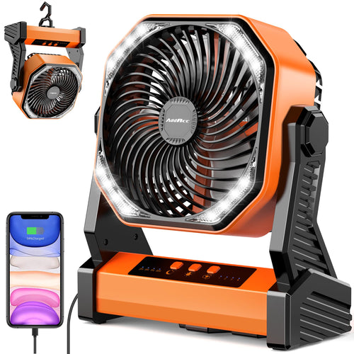 20000mAh Camping Fan, Rechargeable Battery Operated with 360° Rotatable Hook, 400 Lumes Light, 270° Pivot, 4 Speeds, 58Hrs Battery Powered Fan for Outdoor Tent Car Trip BBQ Hurricane Power Outages