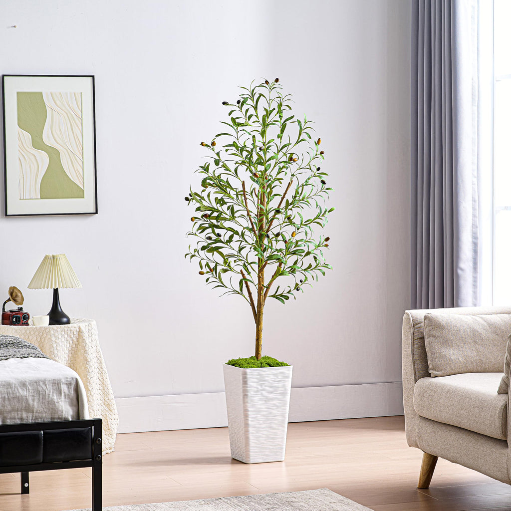 Artificial Olive Trees, Fake Olive Trees for Indoor, Faux Olive Silk Tree, Large Olive Plants (1, White Tall Planter, 5 FT)