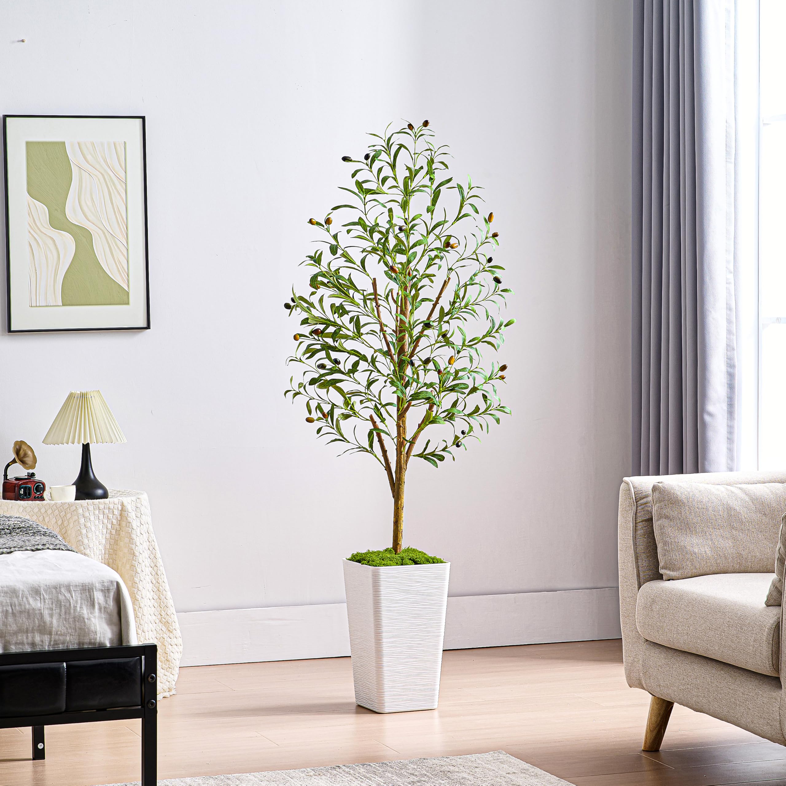 Artificial Olive Trees, Fake Olive Trees for Indoor, Faux Olive Silk Tree, Large Olive Plants (1, White Tall Planter, 5 FT)