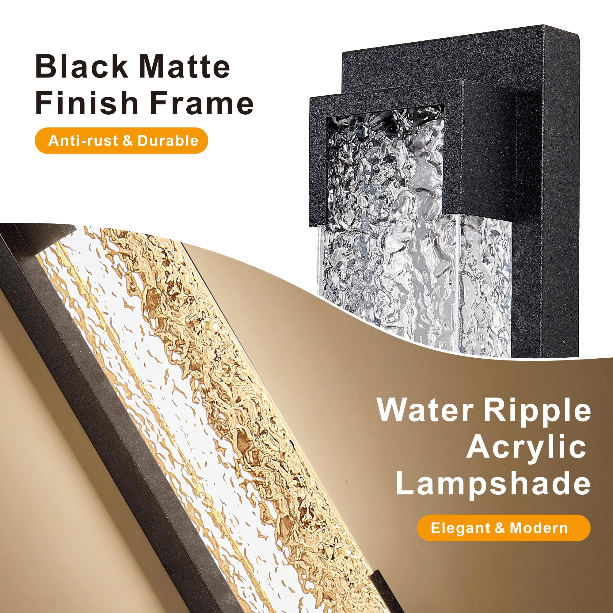 Hyunbae Outdoor Wall Light, 18.9" Large LED Modern Outdoor Wall Sconce, Waterproof Exterior Lighting Fixture with Acrylic Water Ripple Lamp 2700K Outdoor Porch Lights for House, Garage Dimmable