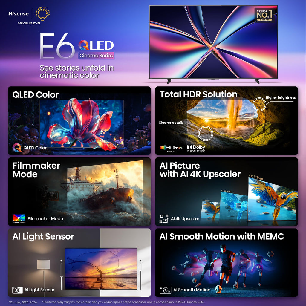 Hisense 55" E6 Cinema Series QLED 4K UHD Smart Fire TV (55E6QF, 2025 Model) - QLED, AI Light Sensor, Dolby Vision · Atmos, Voice Remote with Alexa, Motion Rate 120, HDR 10+ Adaptive, Game Mode Plus